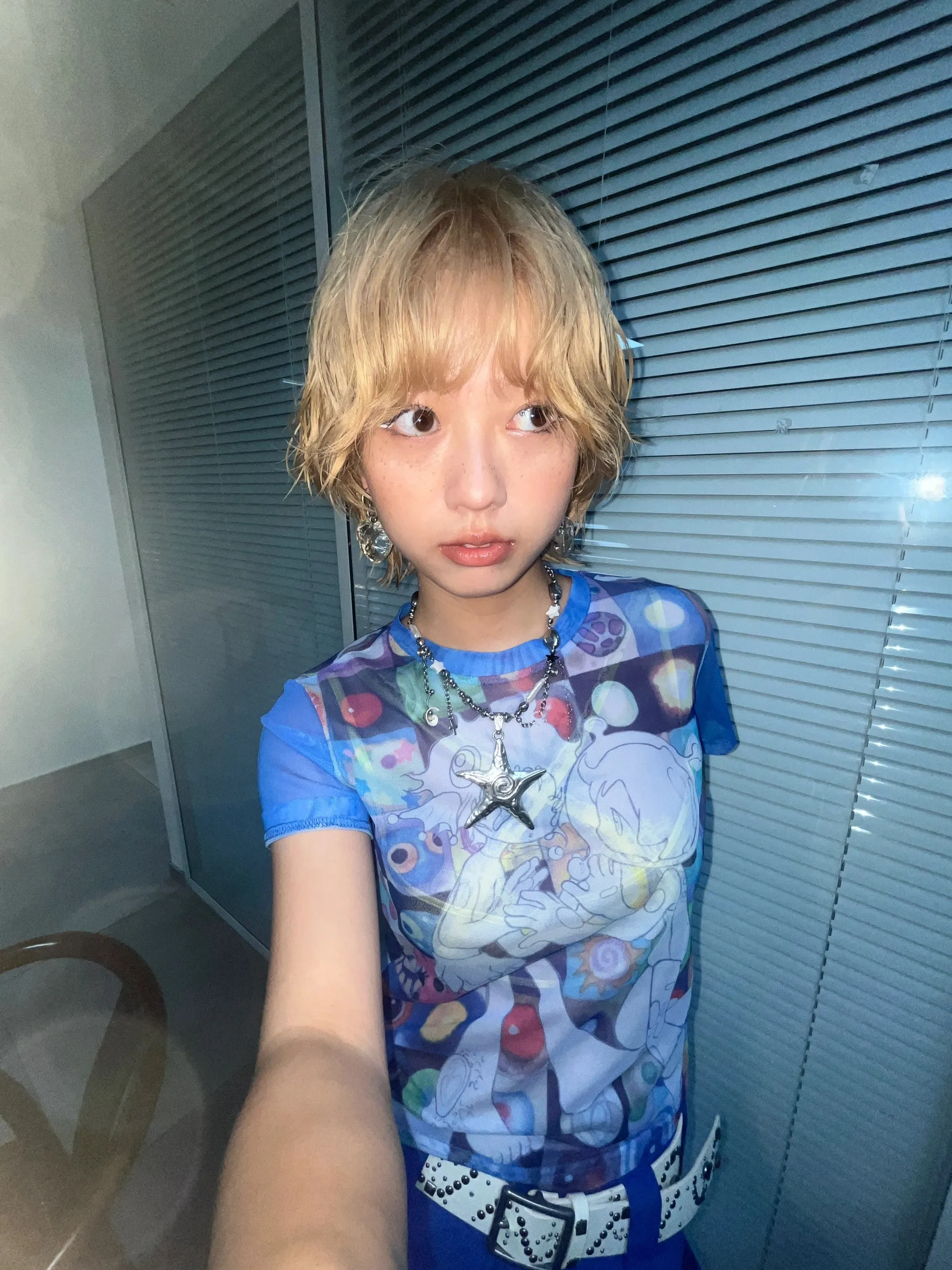 Karrram Japanese Y2k Anime Print T-shirt 2000s Harajuku Short Sleeve Mesh Top Vintage Aesthetics Dreamcore Blue Sheer Top E-girl