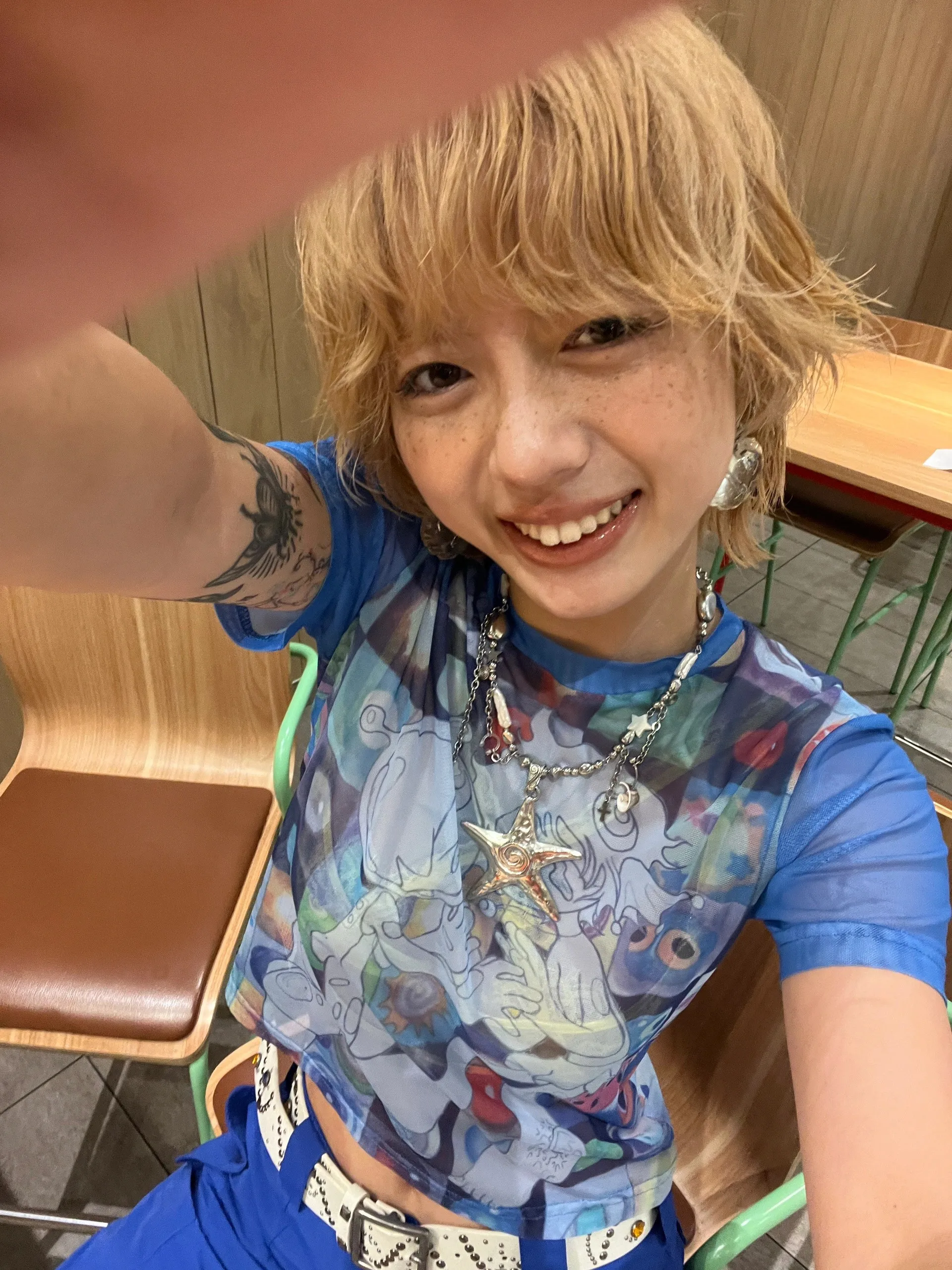 Karrram Japanese Y2k Anime Print T-shirt 2000s Harajuku Short Sleeve Mesh Top Vintage Aesthetics Dreamcore Blue Sheer Top E-girl