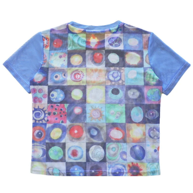Karrram Japanese Y2k Anime Print T-shirt 2000s Harajuku Short Sleeve Mesh Top Vintage Aesthetics Dreamcore Blue Sheer Top E-girl