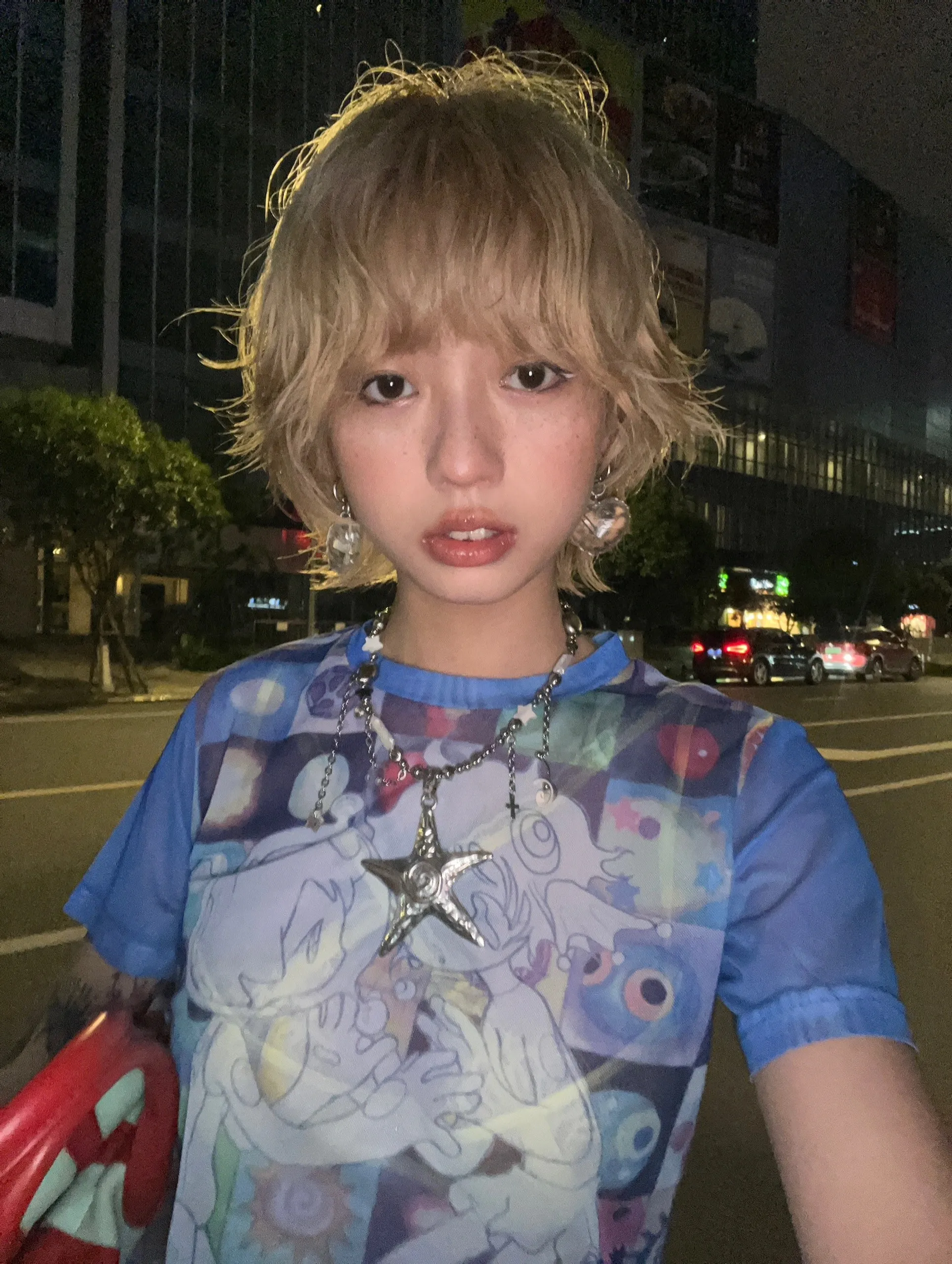 Karrram Japanese Y2k Anime Print T-shirt 2000s Harajuku Short Sleeve Mesh Top Vintage Aesthetics Dreamcore Blue Sheer Top E-girl