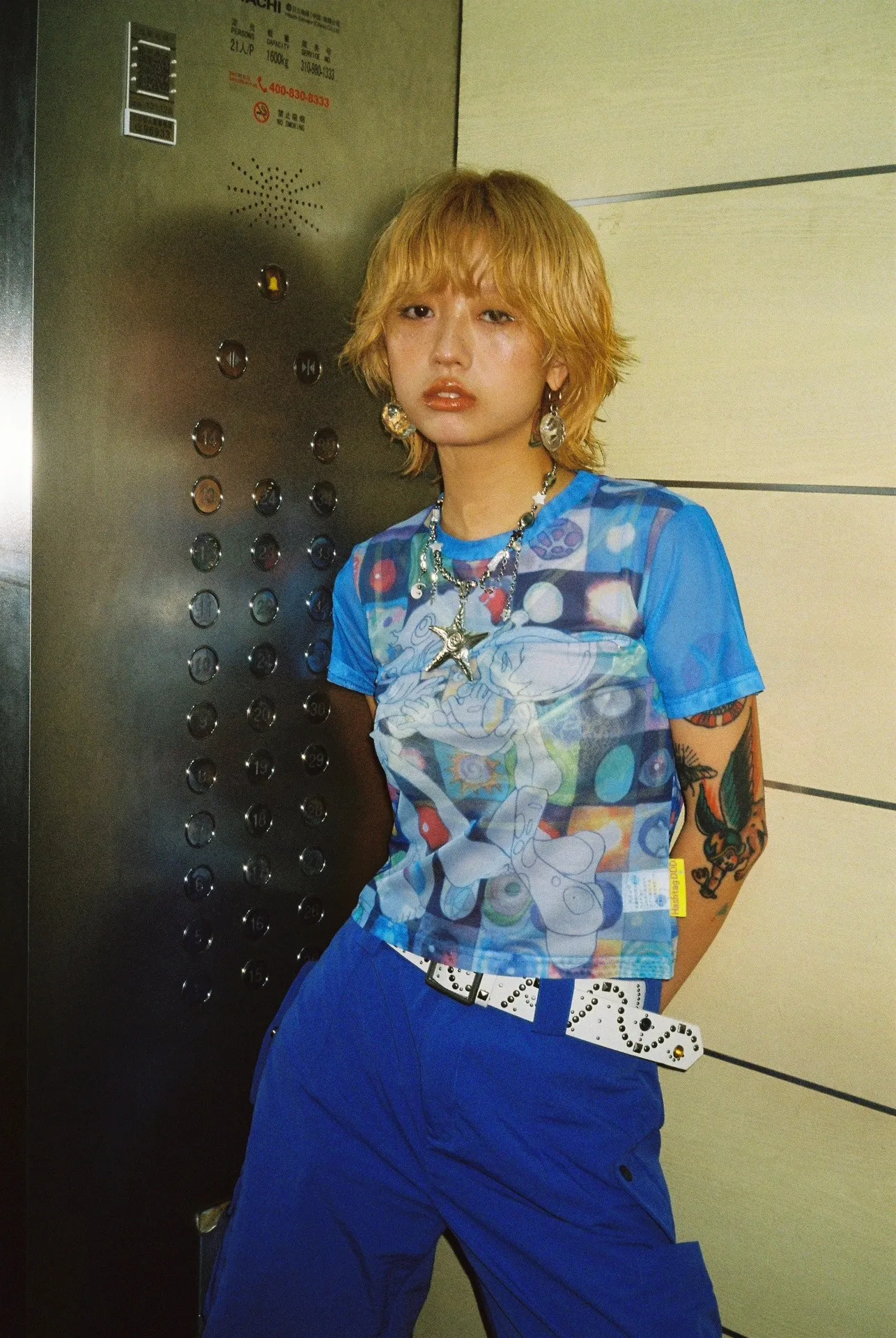 Karrram Japanese Y2k Anime Print T-shirt 2000s Harajuku Short Sleeve Mesh Top Vintage Aesthetics Dreamcore Blue Sheer Top E-girl