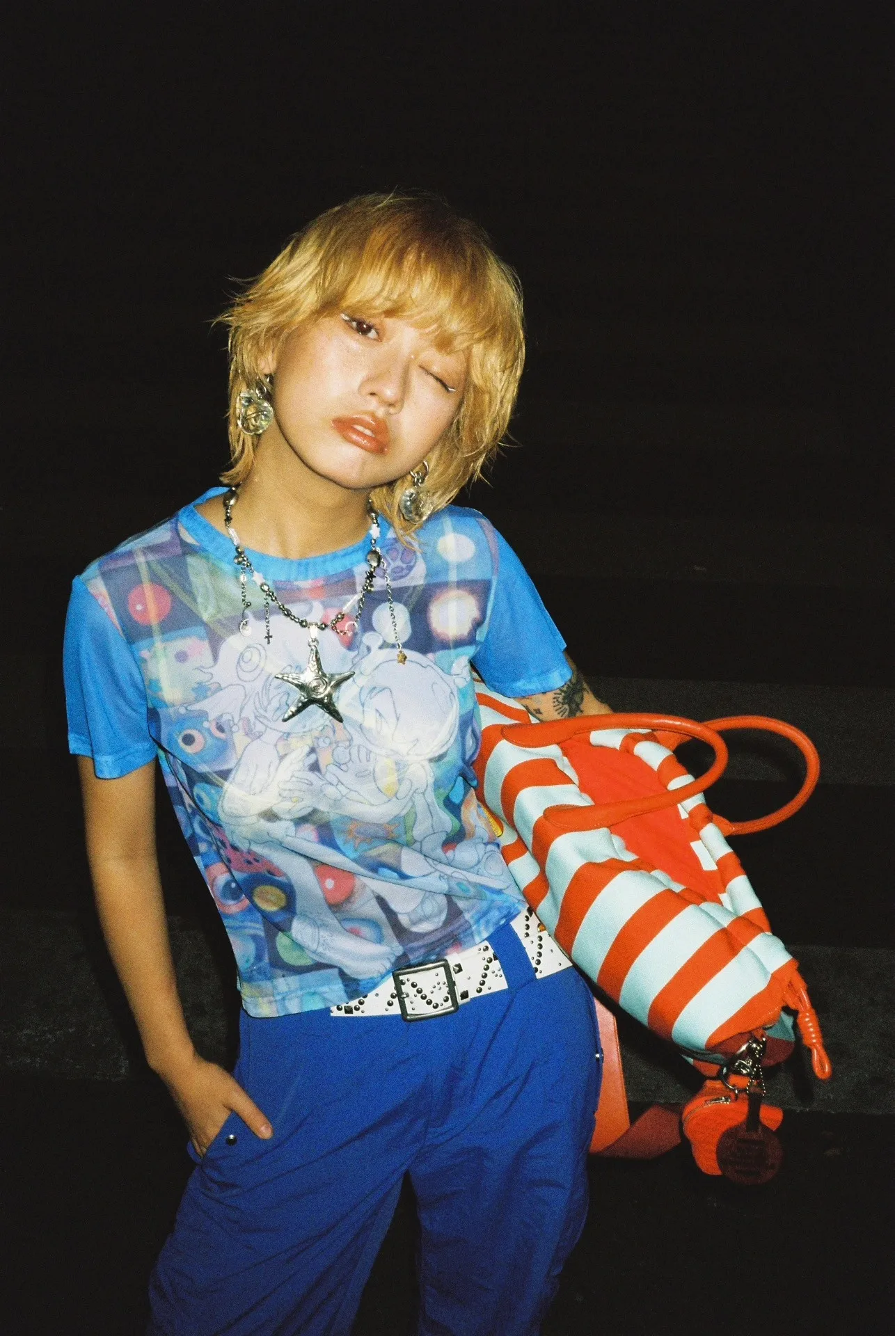 Karrram Japanese Y2k Anime Print T-shirt 2000s Harajuku Short Sleeve Mesh Top Vintage Aesthetics Dreamcore Blue Sheer Top E-girl