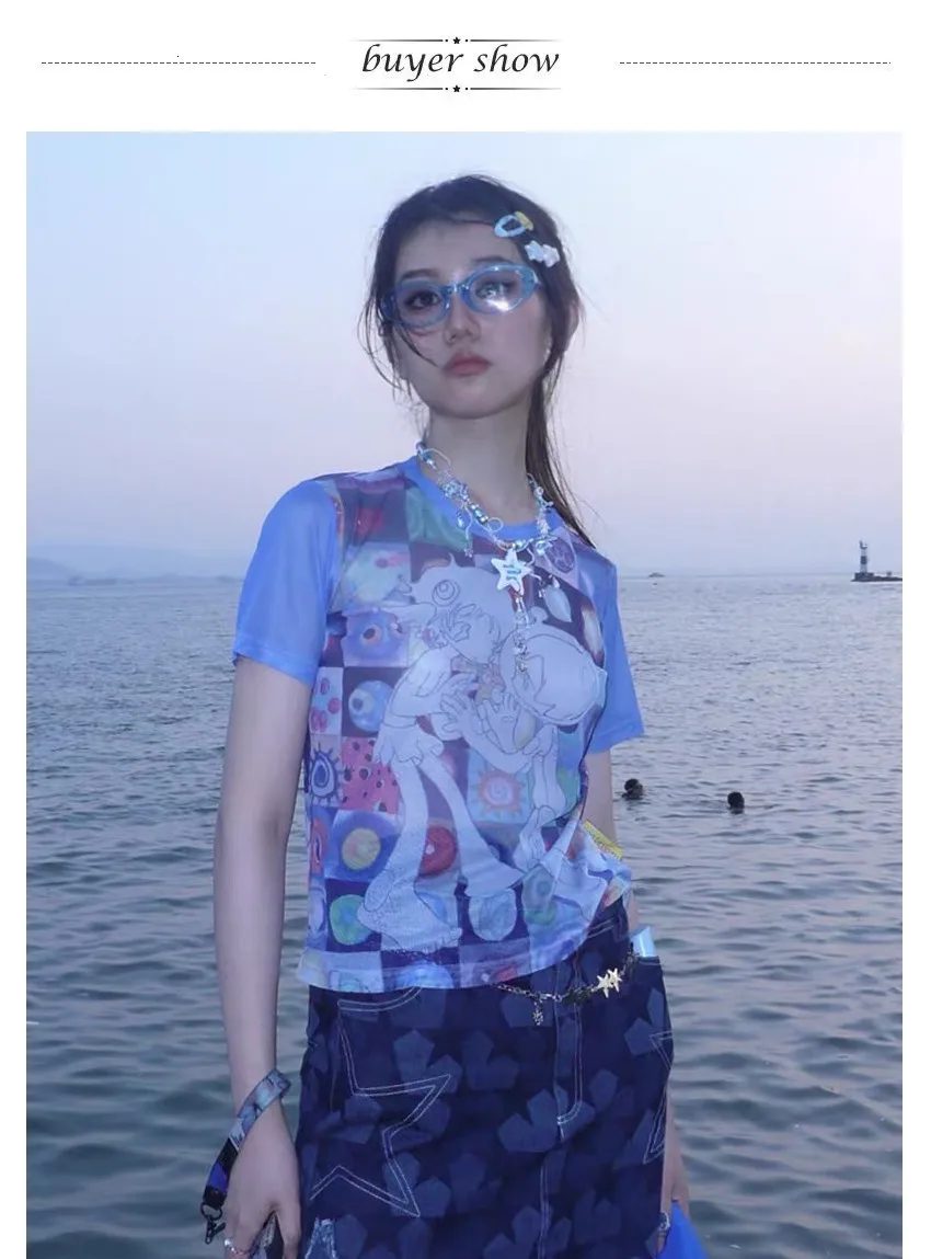 Karrram Japanese Y2k Anime Print T-shirt 2000s Harajuku Short Sleeve Mesh Top Vintage Aesthetics Dreamcore Blue Sheer Top E-girl