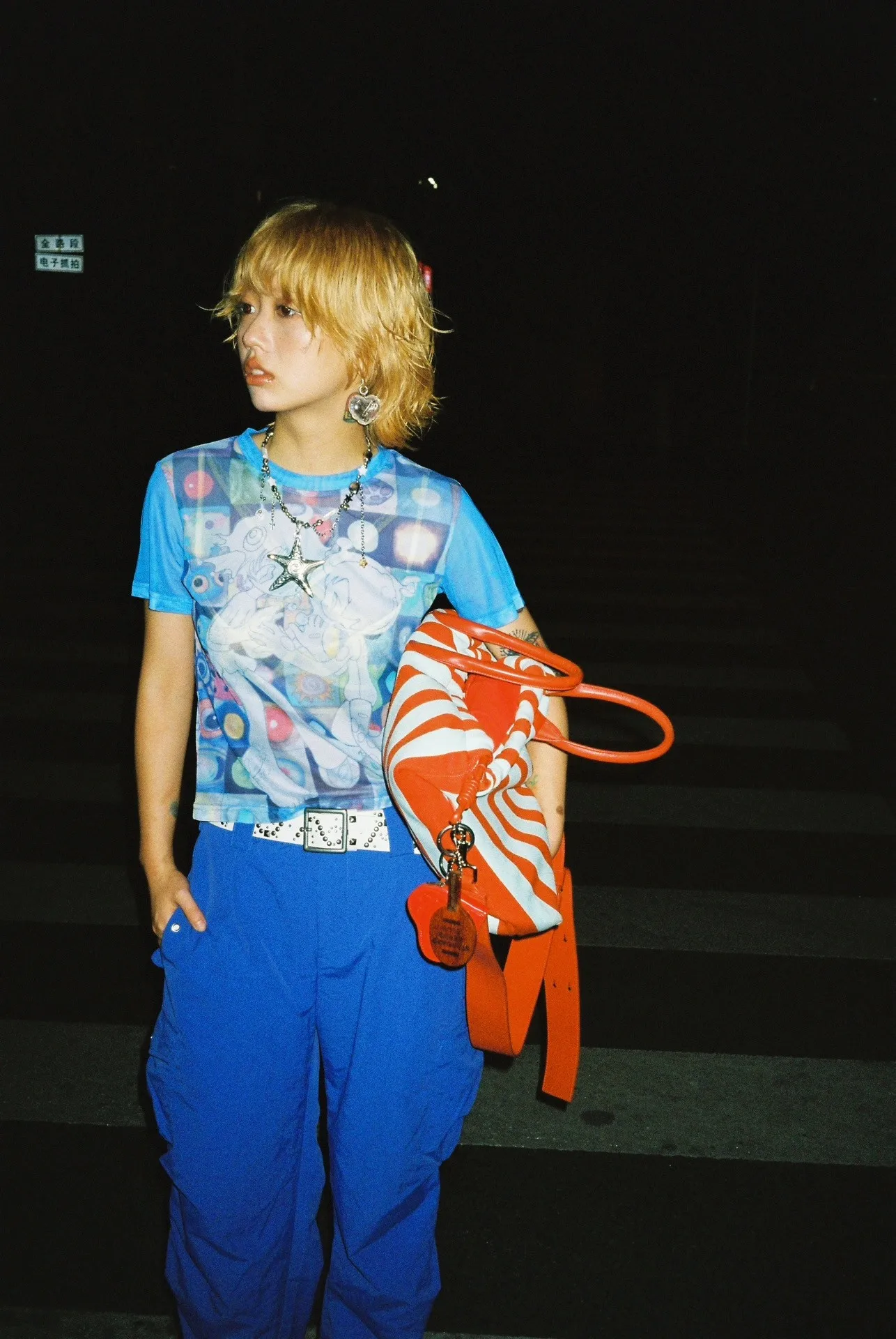 Karrram Japanese Y2k Anime Print T-shirt 2000s Harajuku Short Sleeve Mesh Top Vintage Aesthetics Dreamcore Blue Sheer Top E-girl