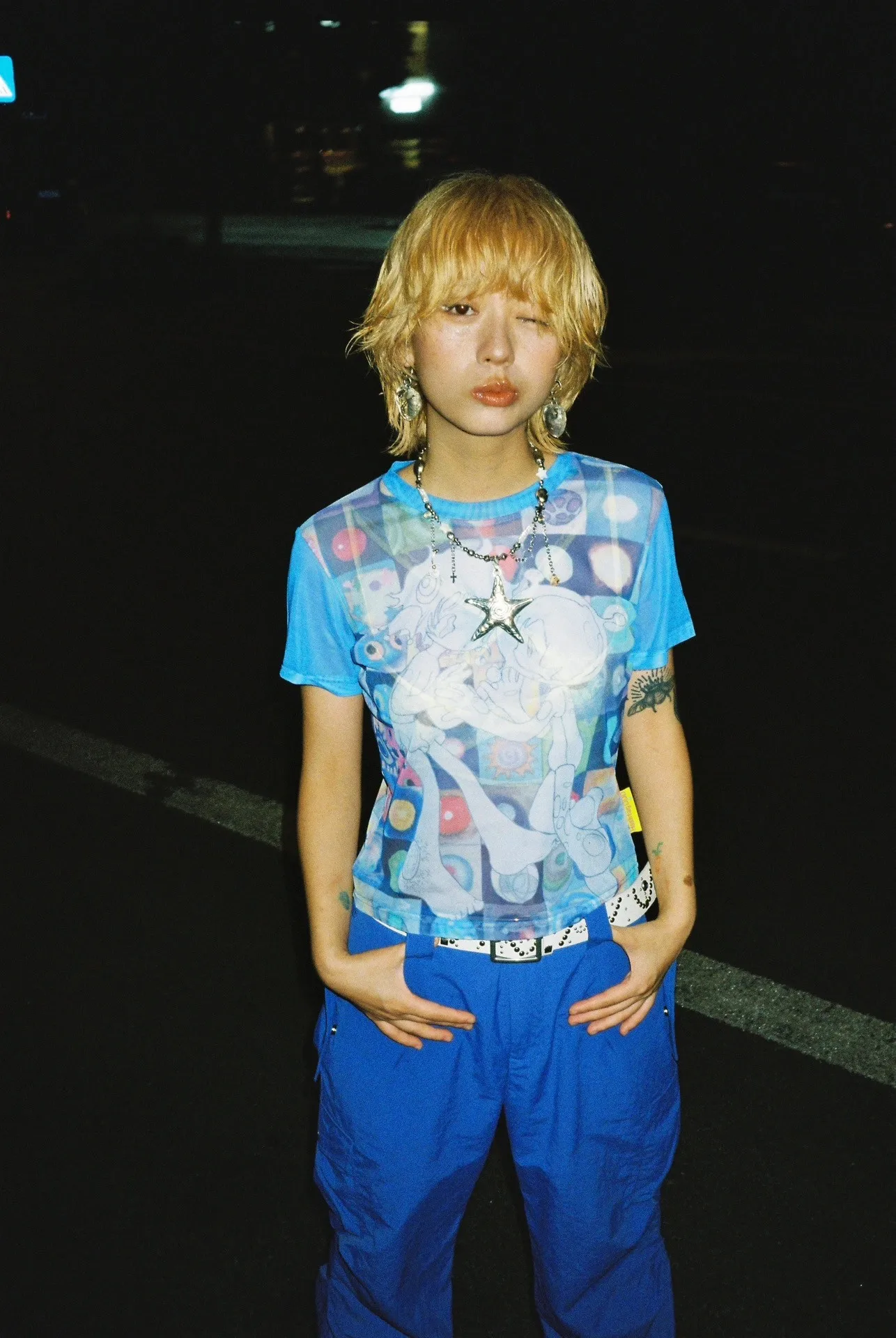 Karrram Japanese Y2k Anime Print T-shirt 2000s Harajuku Short Sleeve Mesh Top Vintage Aesthetics Dreamcore Blue Sheer Top E-girl