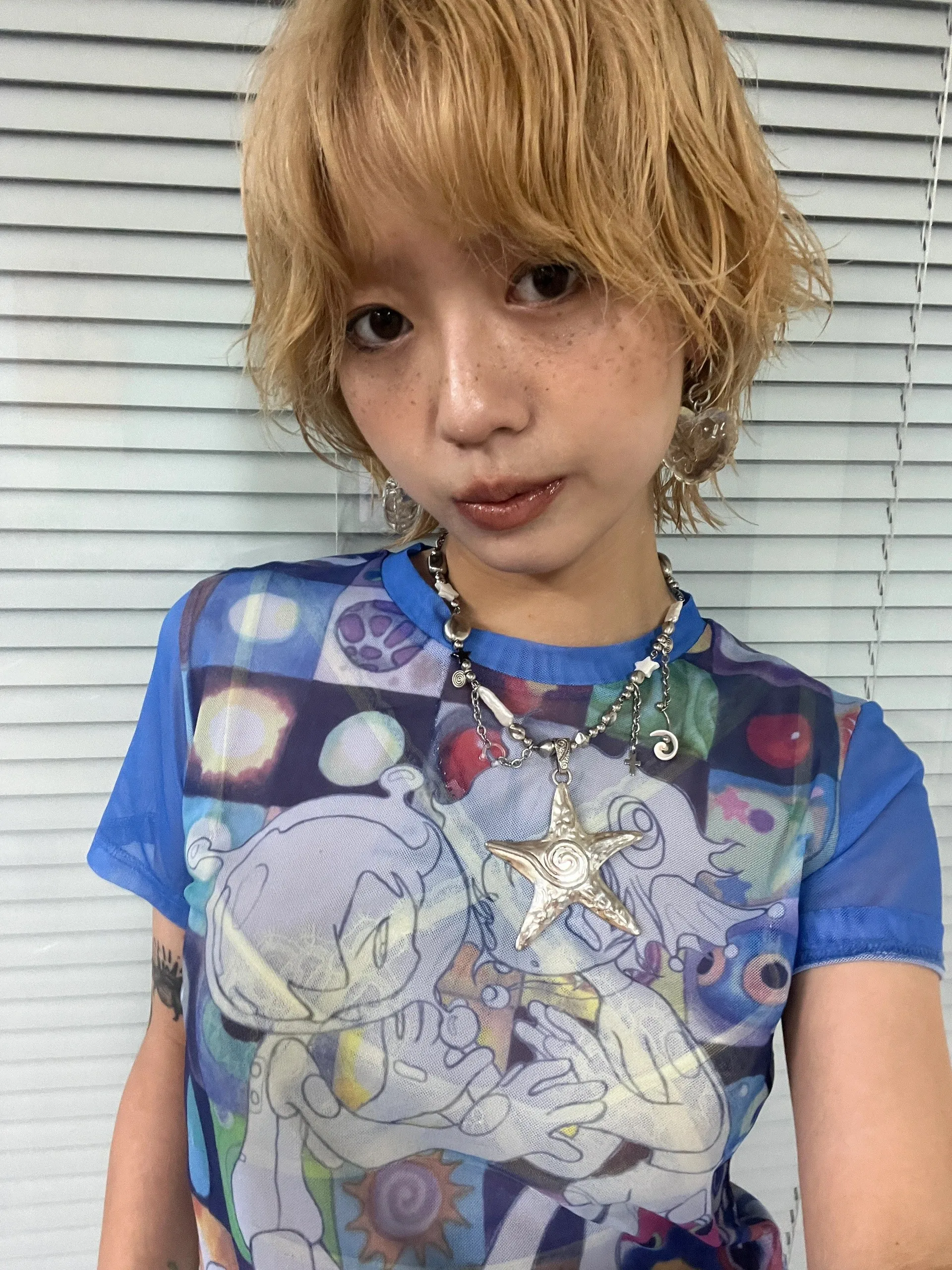 Karrram Japanese Y2k Anime Print T-shirt 2000s Harajuku Short Sleeve Mesh Top Vintage Aesthetics Dreamcore Blue Sheer Top E-girl