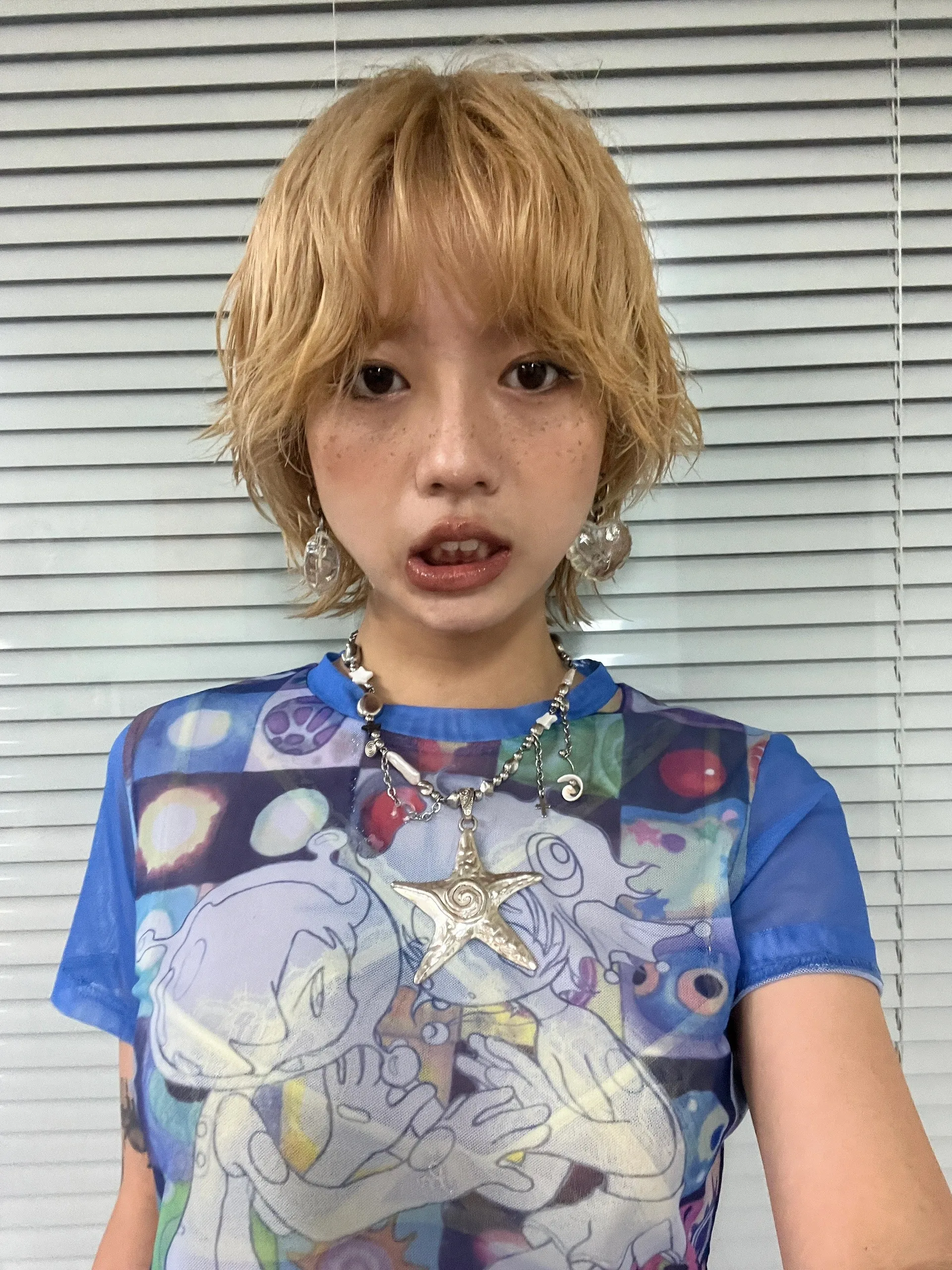 Karrram Japanese Y2k Anime Print T-shirt 2000s Harajuku Short Sleeve Mesh Top Vintage Aesthetics Dreamcore Blue Sheer Top E-girl