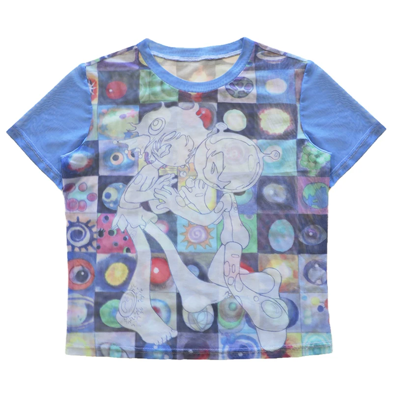 Karrram Japanese Y2k Anime Print T-shirt 2000s Harajuku Short Sleeve Mesh Top Vintage Aesthetics Dreamcore Blue Sheer Top E-girl