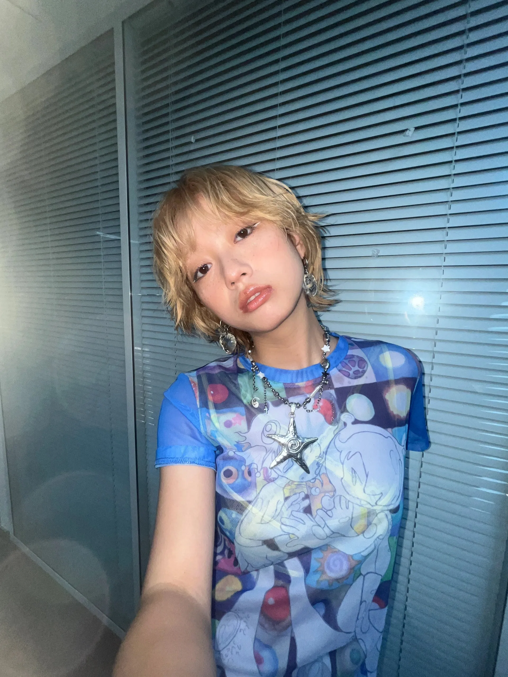 Karrram Japanese Y2k Anime Print T-shirt 2000s Harajuku Short Sleeve Mesh Top Vintage Aesthetics Dreamcore Blue Sheer Top E-girl