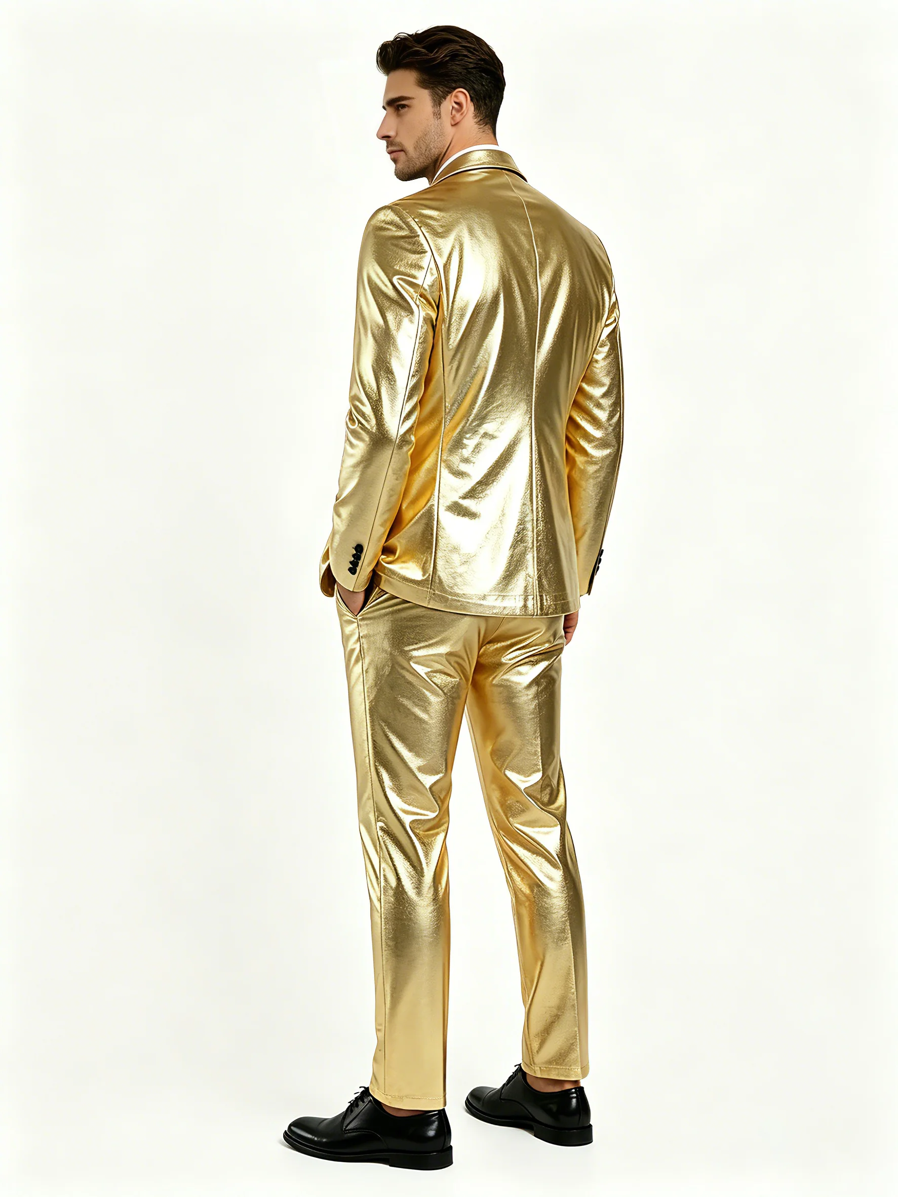 Men's Shiny Gold 2 Piece Suit, Metallic Blazer & Pants Set, Slim Fit Disco Party Stage Costume for DJ Club Prom Wedding