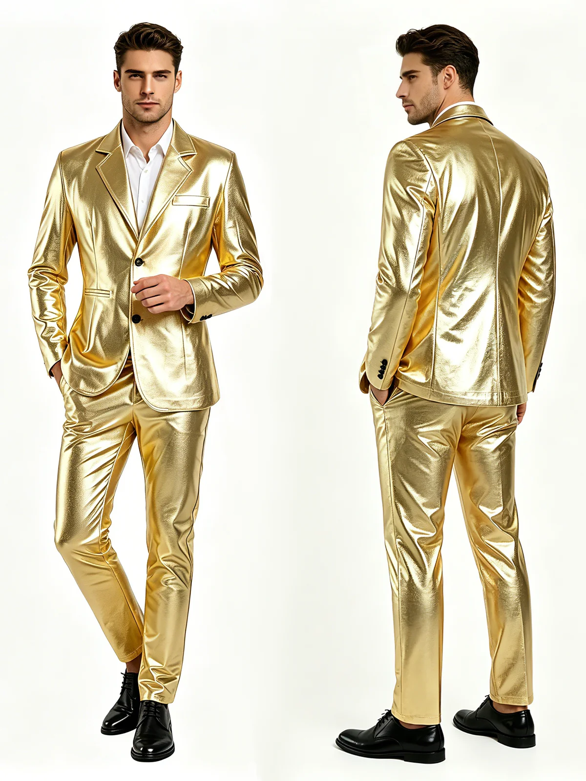 Men's Shiny Gold 2 Piece Suit, Metallic Blazer & Pants Set, Slim Fit Disco Party Stage Costume for DJ Club Prom Wedding