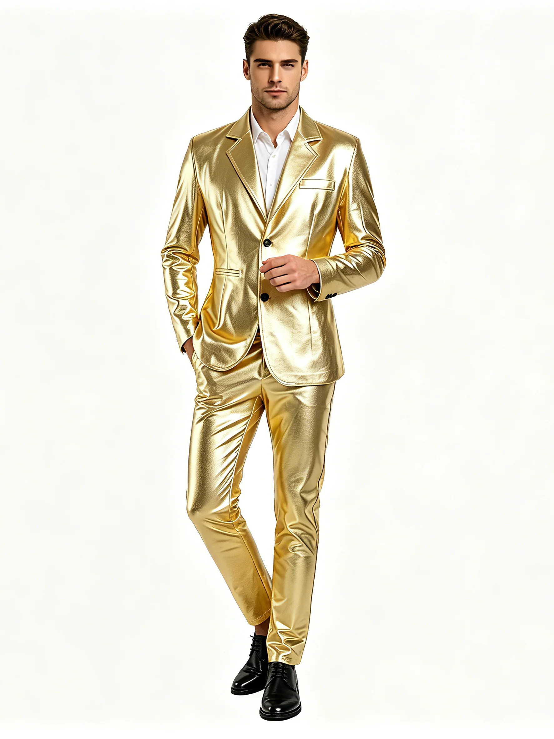 Men's Shiny Gold 2 Piece Suit, Metallic Blazer & Pants Set, Slim Fit Disco Party Stage Costume for DJ Club Prom Wedding