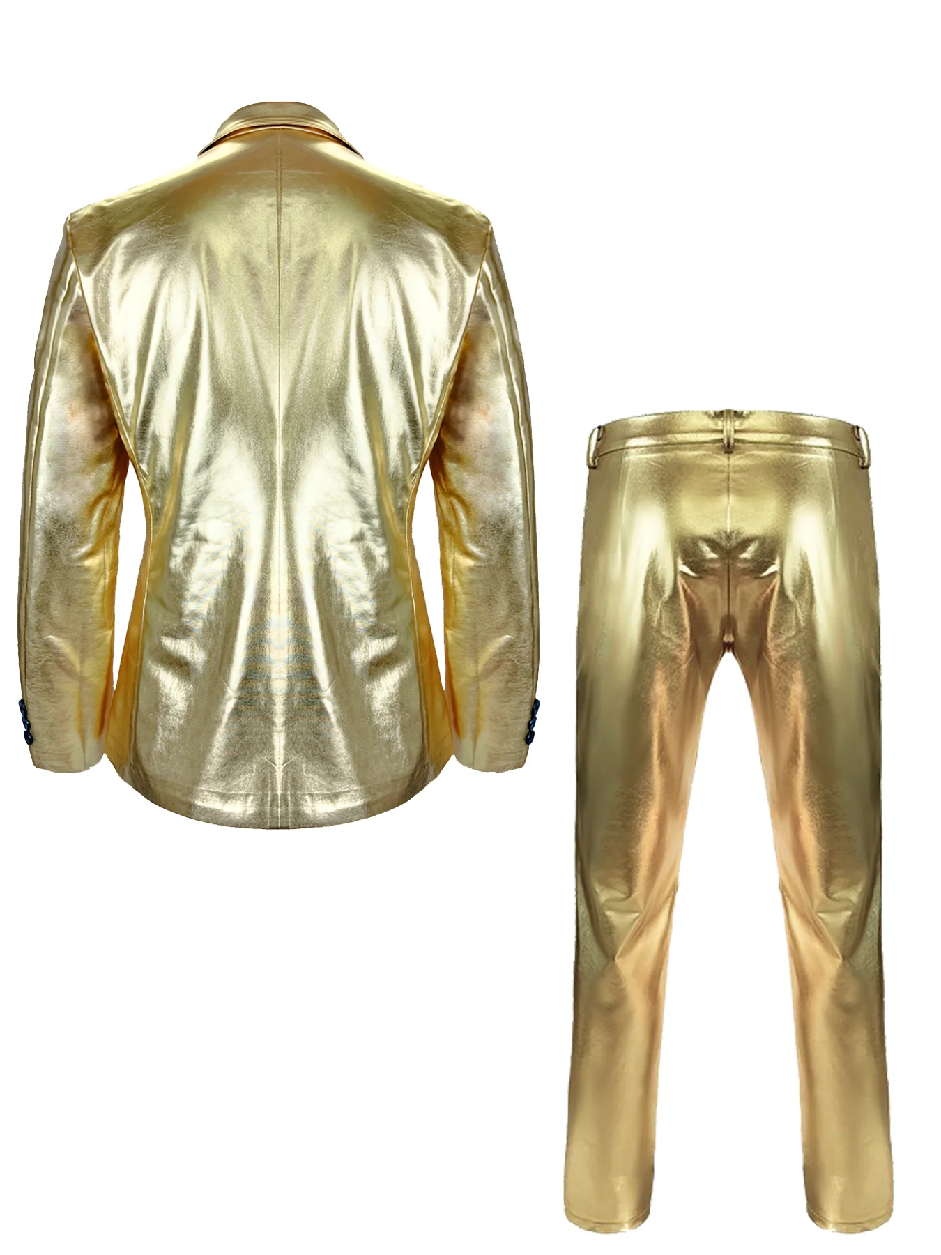 Men's Shiny Gold 2 Piece Suit, Metallic Blazer & Pants Set, Slim Fit Disco Party Stage Costume for DJ Club Prom Wedding