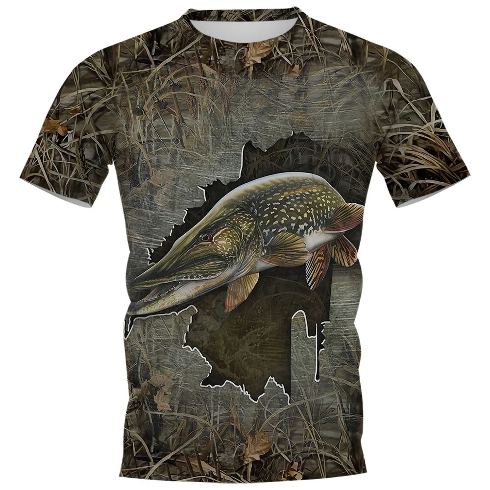 New Fishing T-Shirt Men Tshirt Dog Fish Graphic Clothing O-Collar Oversized Tops Outdoor Sport Apparel Summer for Male Tee Shirt