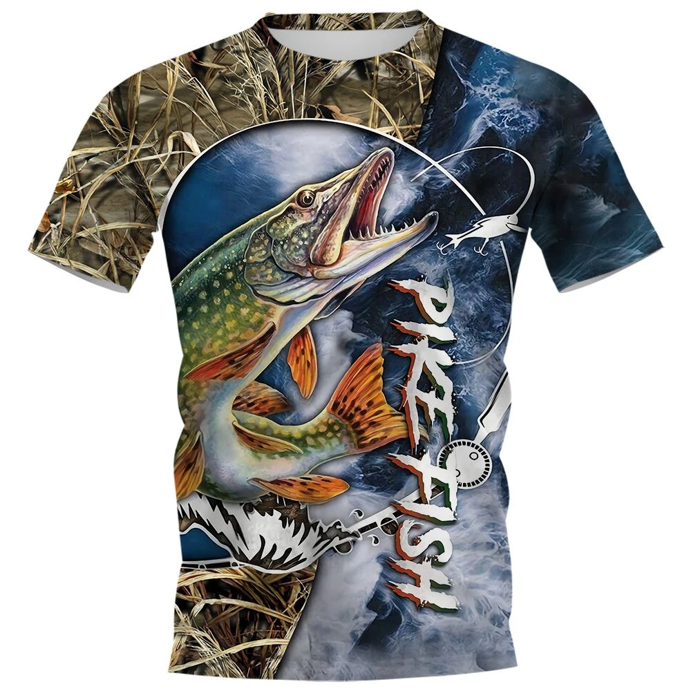 New Fishing T-Shirt Men Tshirt Dog Fish Graphic Clothing O-Collar Oversized Tops Outdoor Sport Apparel Summer for Male Tee Shirt