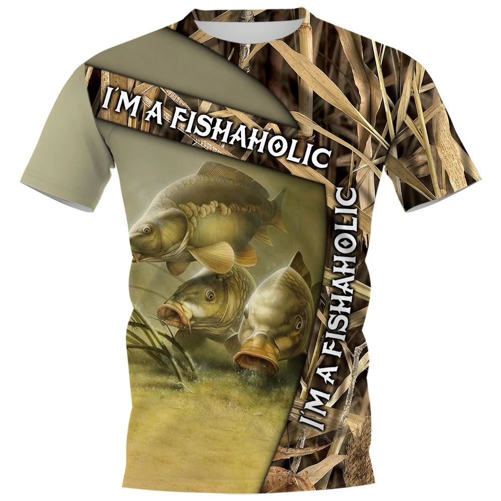 New Fishing T-Shirt Men Tshirt Dog Fish Graphic Clothing O-Collar Oversized Tops Outdoor Sport Apparel Summer for Male Tee Shirt