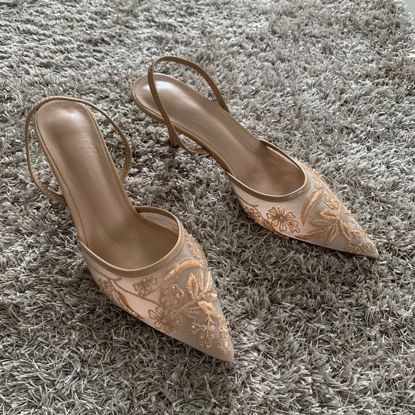 Mesh Embroidered Fashion Sandals Women String Bead High Heels Mules Shoes Pointed Toe Slingback Slippers Women Zapatos De Mujer