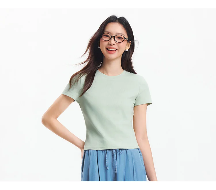 Semir Short Sleeve T-Shirt Women Cropped Embroidered Slim Fit Casual 2025 New Summer Basic Round Neck Shoulder Fit Top