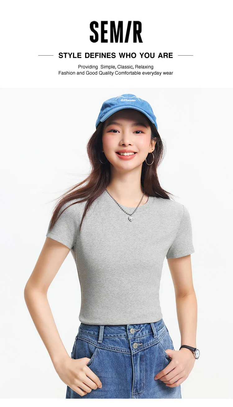 Semir Short Sleeve T-Shirt Women Cropped Embroidered Slim Fit Casual 2025 New Summer Basic Round Neck Shoulder Fit Top