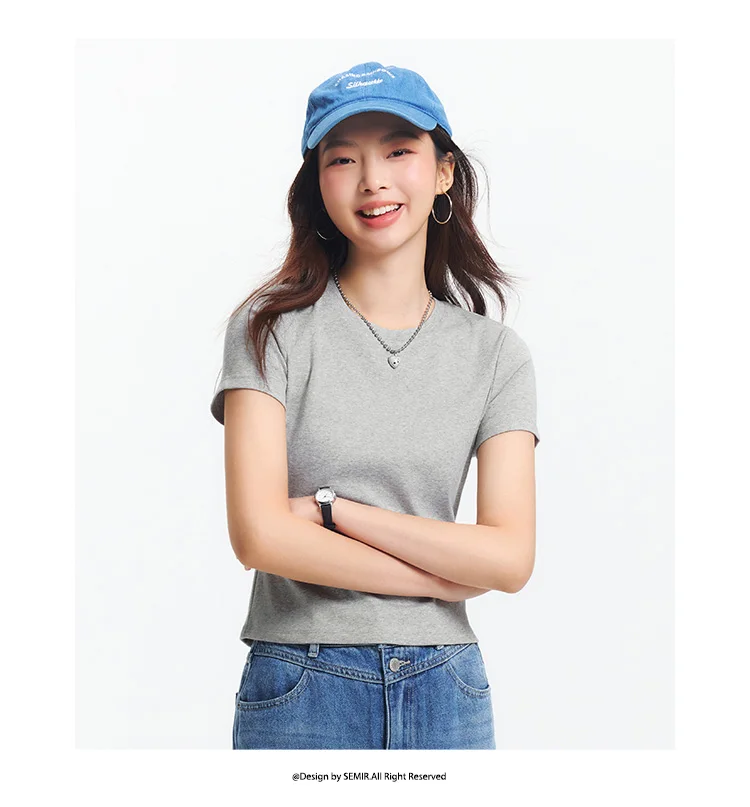 Semir Short Sleeve T-Shirt Women Cropped Embroidered Slim Fit Casual 2025 New Summer Basic Round Neck Shoulder Fit Top