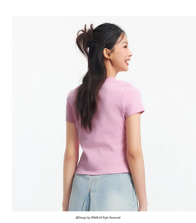 Semir Short Sleeve T-Shirt Women Cropped Embroidered Slim Fit Casual 2025 New Summer Basic Round Neck Shoulder Fit Top