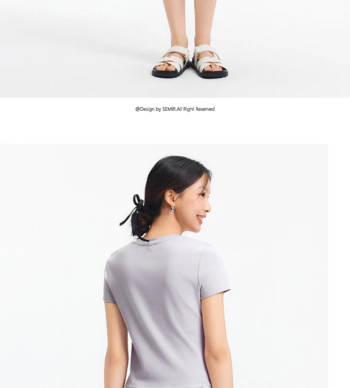 Semir Short Sleeve T-Shirt Women Cropped Embroidered Slim Fit Casual 2025 New Summer Basic Round Neck Shoulder Fit Top