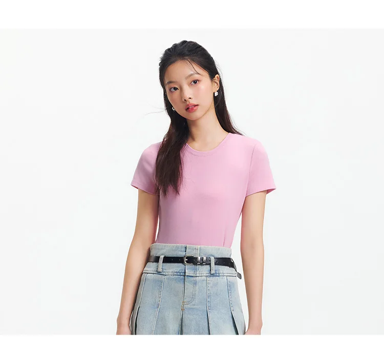 Semir Short Sleeve T-Shirt Women Cropped Embroidered Slim Fit Casual 2025 New Summer Basic Round Neck Shoulder Fit Top