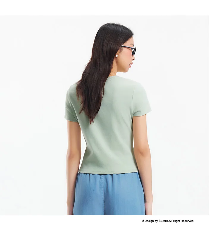 Semir Short Sleeve T-Shirt Women Cropped Embroidered Slim Fit Casual 2025 New Summer Basic Round Neck Shoulder Fit Top