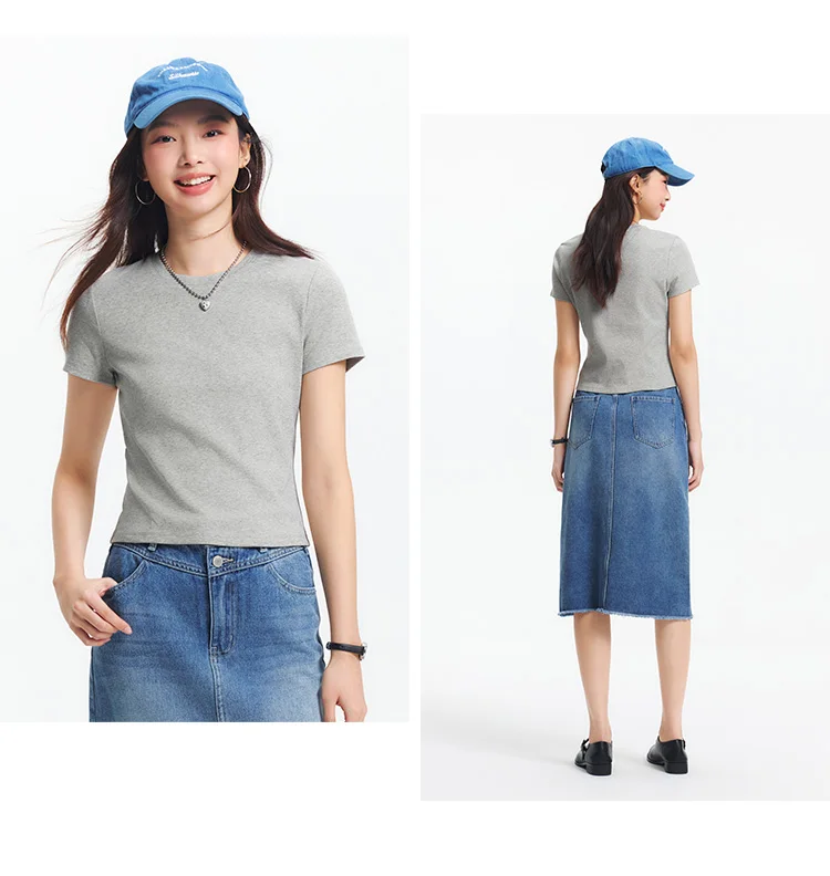 Semir Short Sleeve T-Shirt Women Cropped Embroidered Slim Fit Casual 2025 New Summer Basic Round Neck Shoulder Fit Top