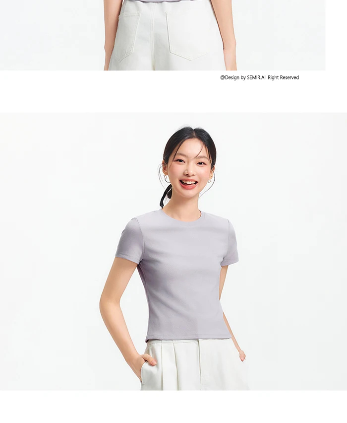 Semir Short Sleeve T-Shirt Women Cropped Embroidered Slim Fit Casual 2025 New Summer Basic Round Neck Shoulder Fit Top