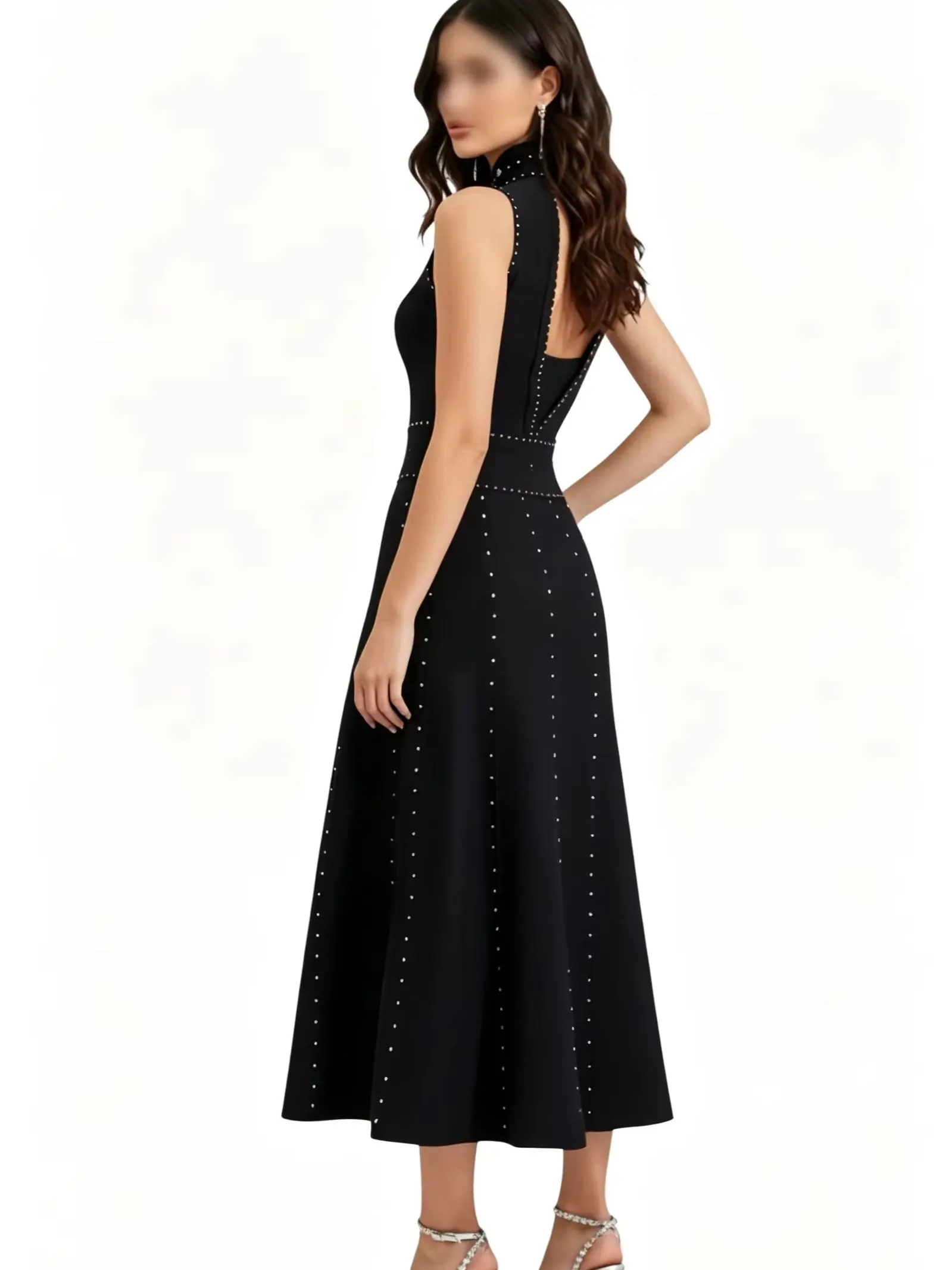 Elegant Slim Long Sleeveless Beaded Black Dress for Women Sexy Vintage Fashion Party Dress Hot Sale Female Vestidos De Festa