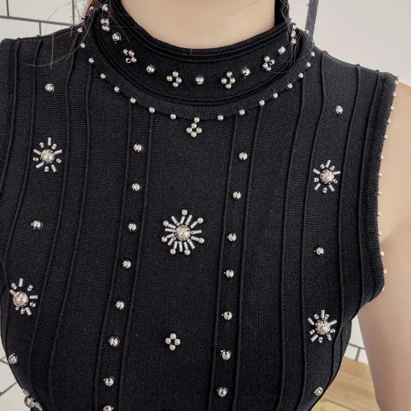 Elegant Slim Long Sleeveless Beaded Black Dress for Women Sexy Vintage Fashion Party Dress Hot Sale Female Vestidos De Festa