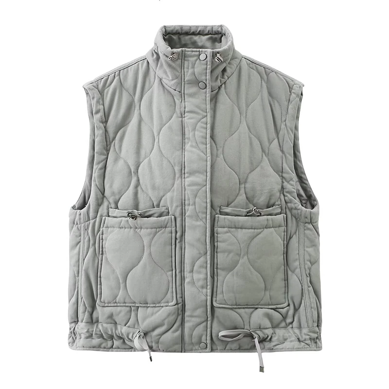 Willshela Women Fashion With Pockets Pleated Front Zipper Vest Sleeveless Jackets Vintage High Neck Waistcoat Female Tank Tops
