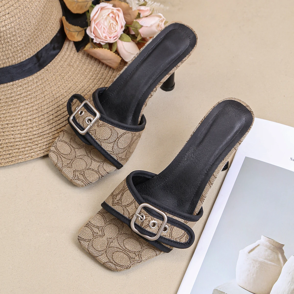 Fashionable High Heel Sandals 2025 New Summer Outerwear Square Toe Stiletto Heels Rhinestone High Heels Women's Sandals/Slippers