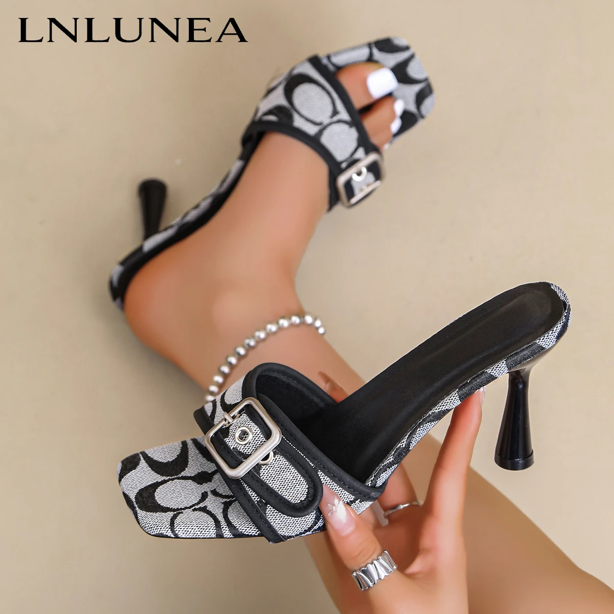 Fashionable High Heel Sandals 2025 New Summer Outerwear Square Toe Stiletto Heels Rhinestone High Heels Women's Sandals/Slippers