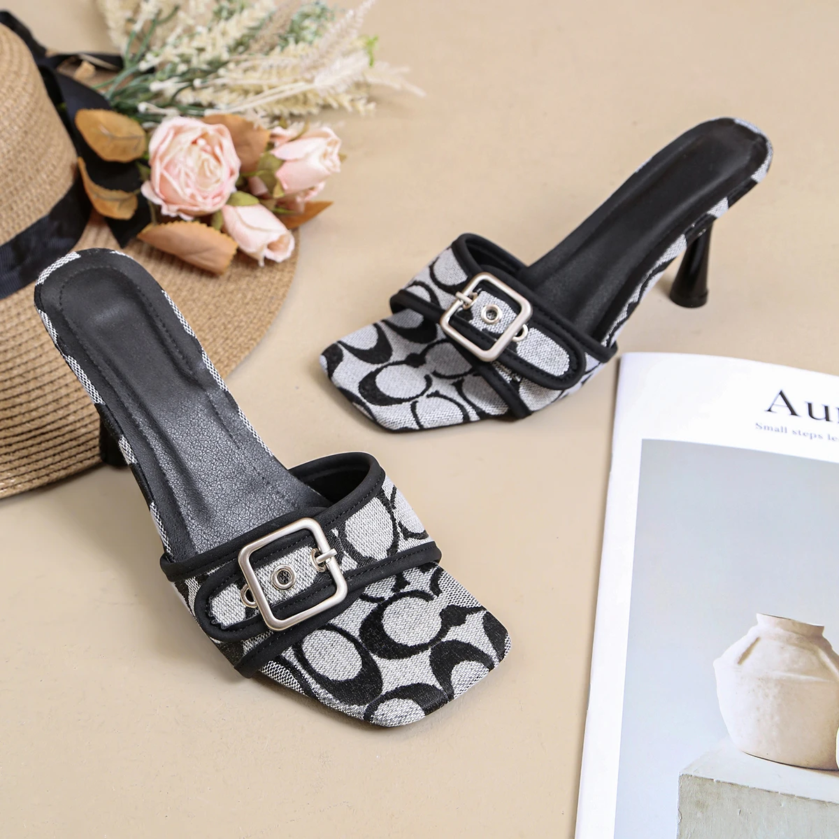 Fashionable High Heel Sandals 2025 New Summer Outerwear Square Toe Stiletto Heels Rhinestone High Heels Women's Sandals/Slippers
