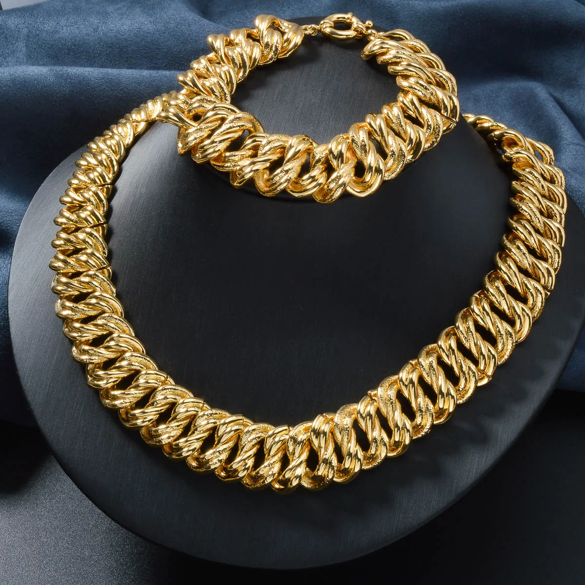 2PCS Bracelet Jewelry Set Collection for Women Luxury Gold Plated Color Dubai Necklace Man Chains Thick Links Gift