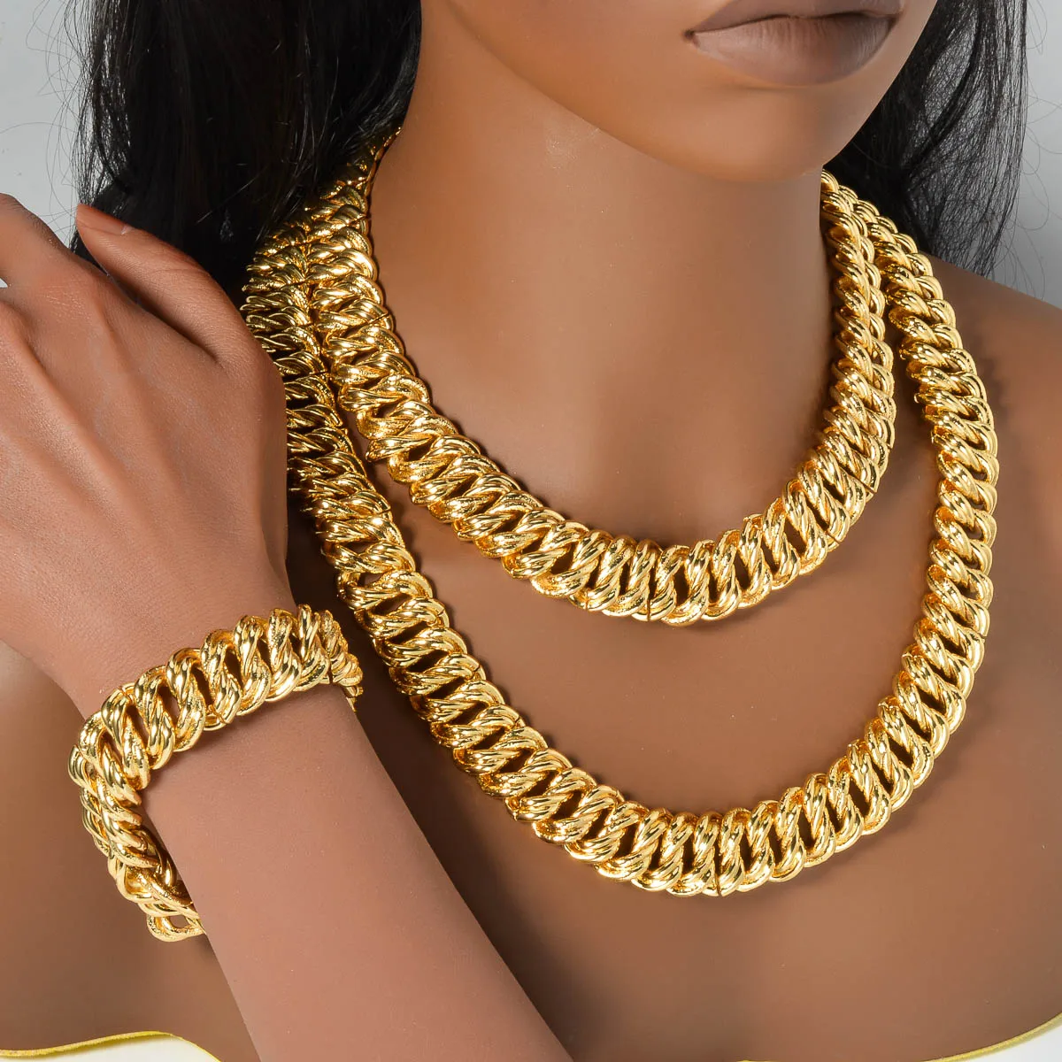 2PCS Bracelet Jewelry Set Collection for Women Luxury Gold Plated Color Dubai Necklace Man Chains Thick Links Gift