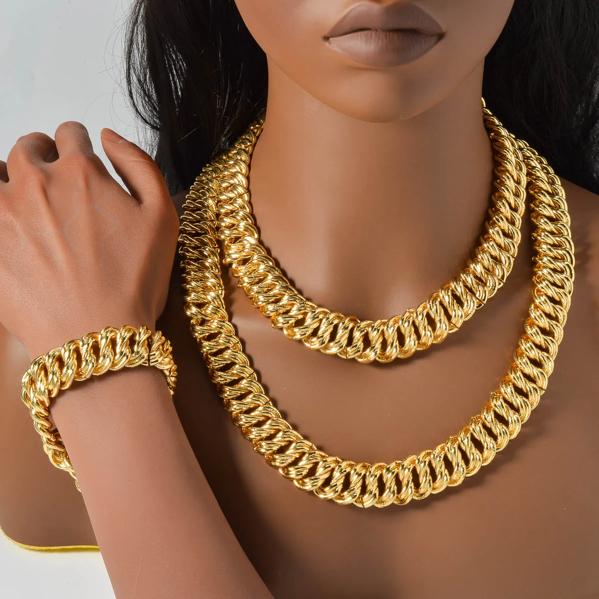 2PCS Bracelet Jewelry Set Collection for Women Luxury Gold Plated Color Dubai Necklace Man Chains Thick Links Gift