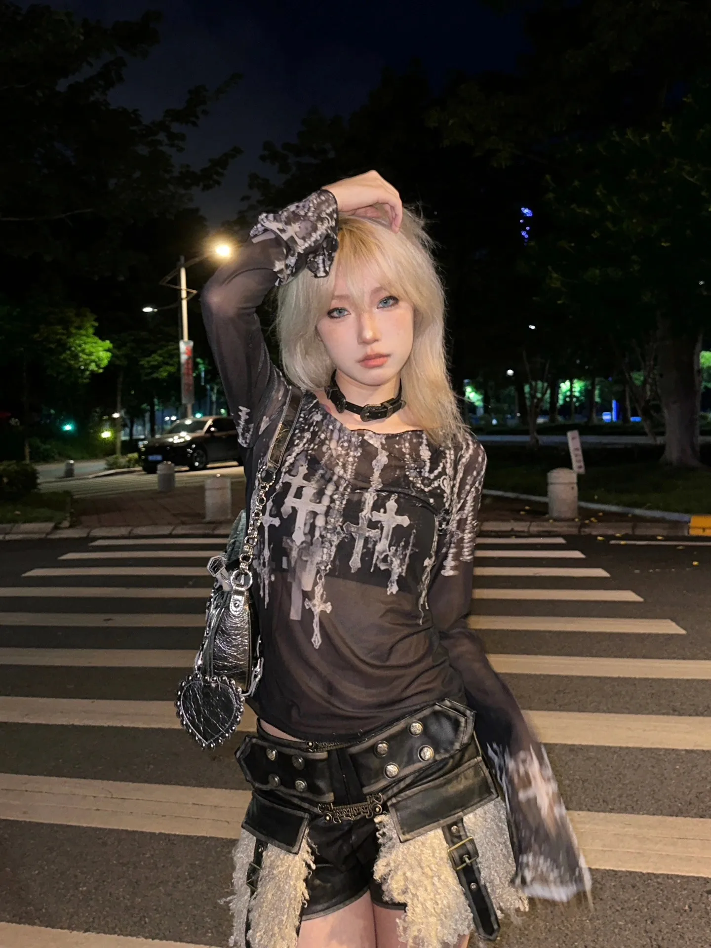 Karrram Grunge Aesthetics Mesh Tops Japanese Y2k Tattoo Print Sheer Tops Vintage Harajuku See Through Long Sleeve T-shirt Gothic