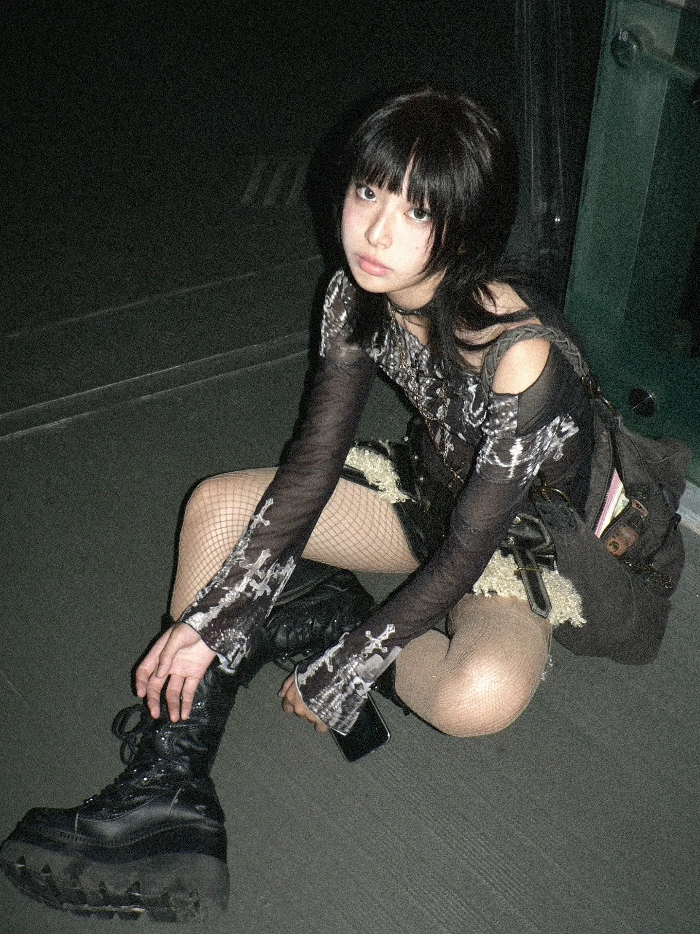 Karrram Grunge Aesthetics Mesh Tops Japanese Y2k Tattoo Print Sheer Tops Vintage Harajuku See Through Long Sleeve T-shirt Gothic
