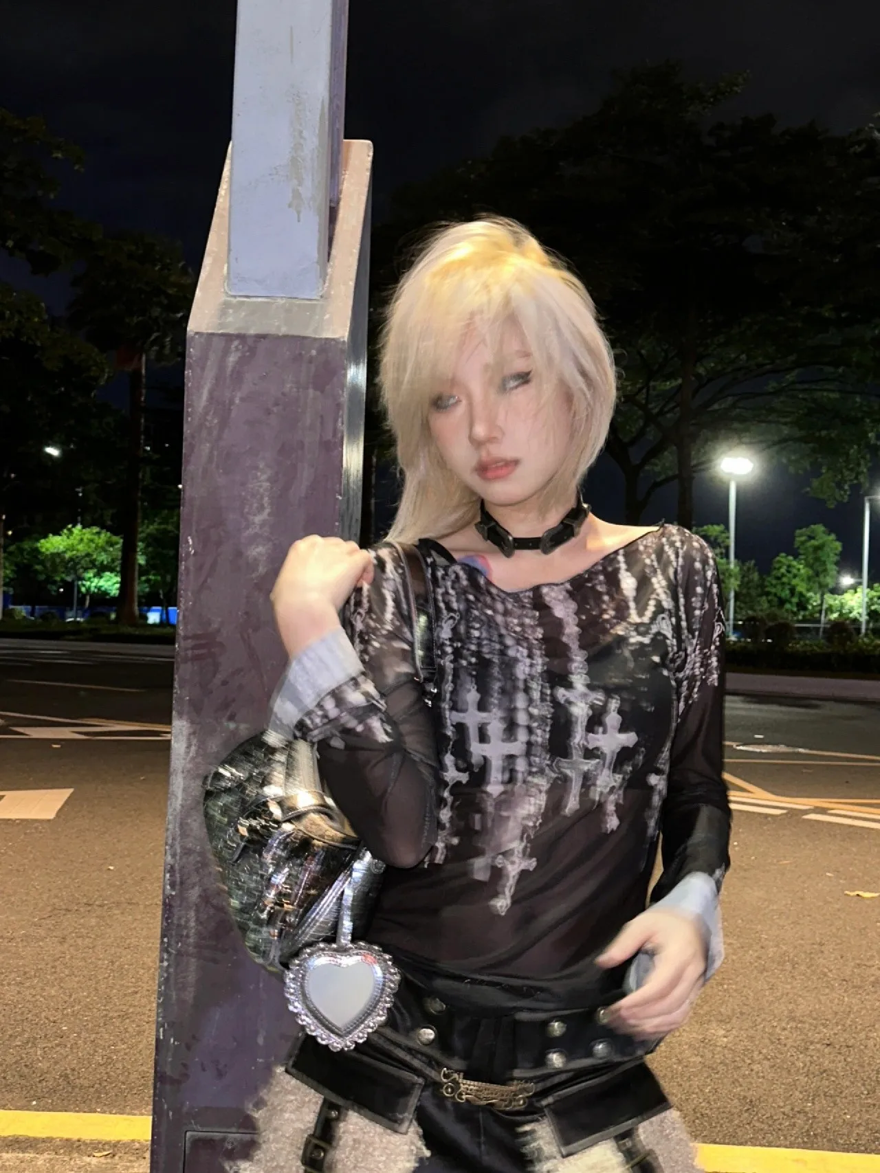 Karrram Grunge Aesthetics Mesh Tops Japanese Y2k Tattoo Print Sheer Tops Vintage Harajuku See Through Long Sleeve T-shirt Gothic