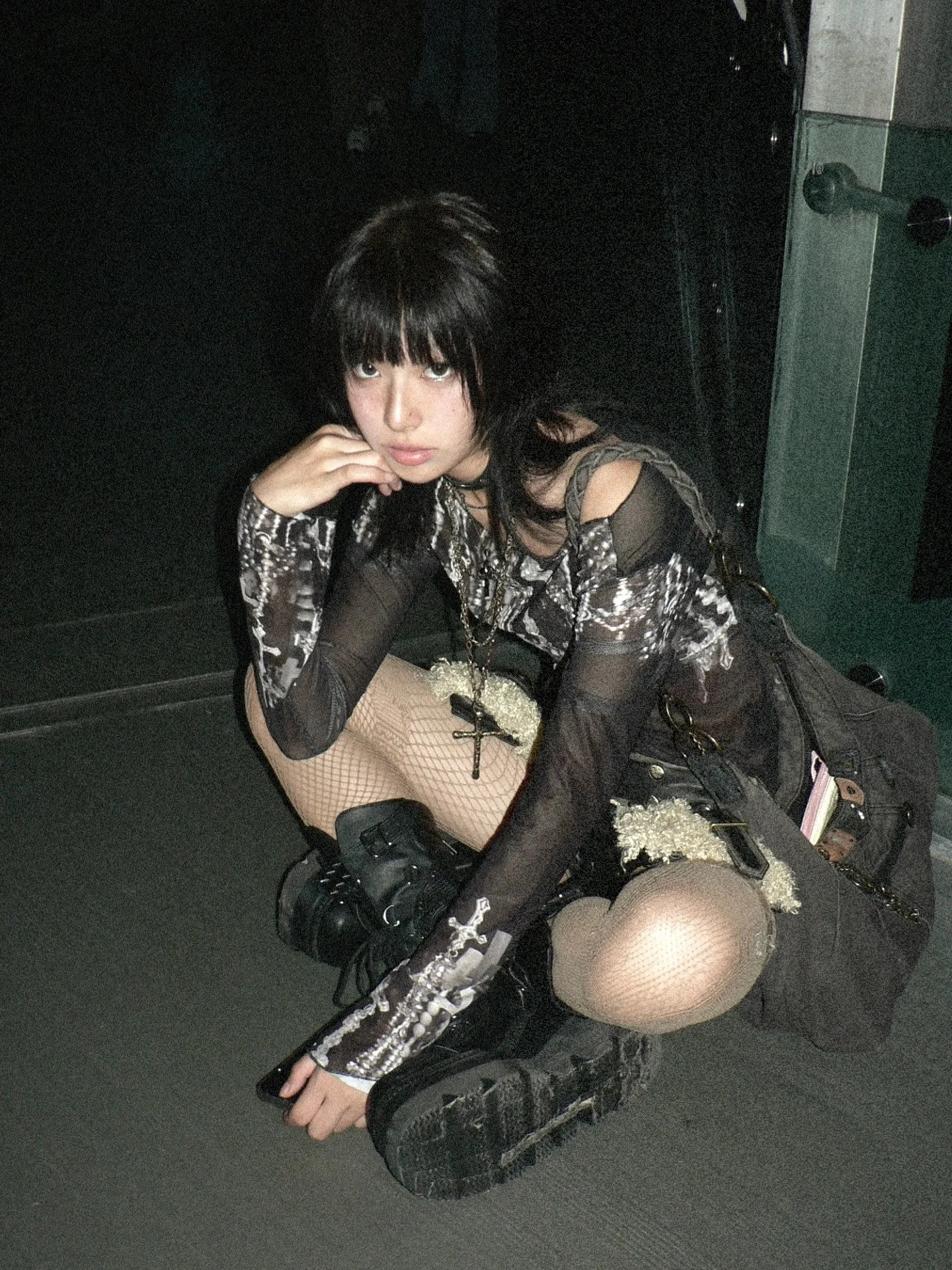 Karrram Grunge Aesthetics Mesh Tops Japanese Y2k Tattoo Print Sheer Tops Vintage Harajuku See Through Long Sleeve T-shirt Gothic