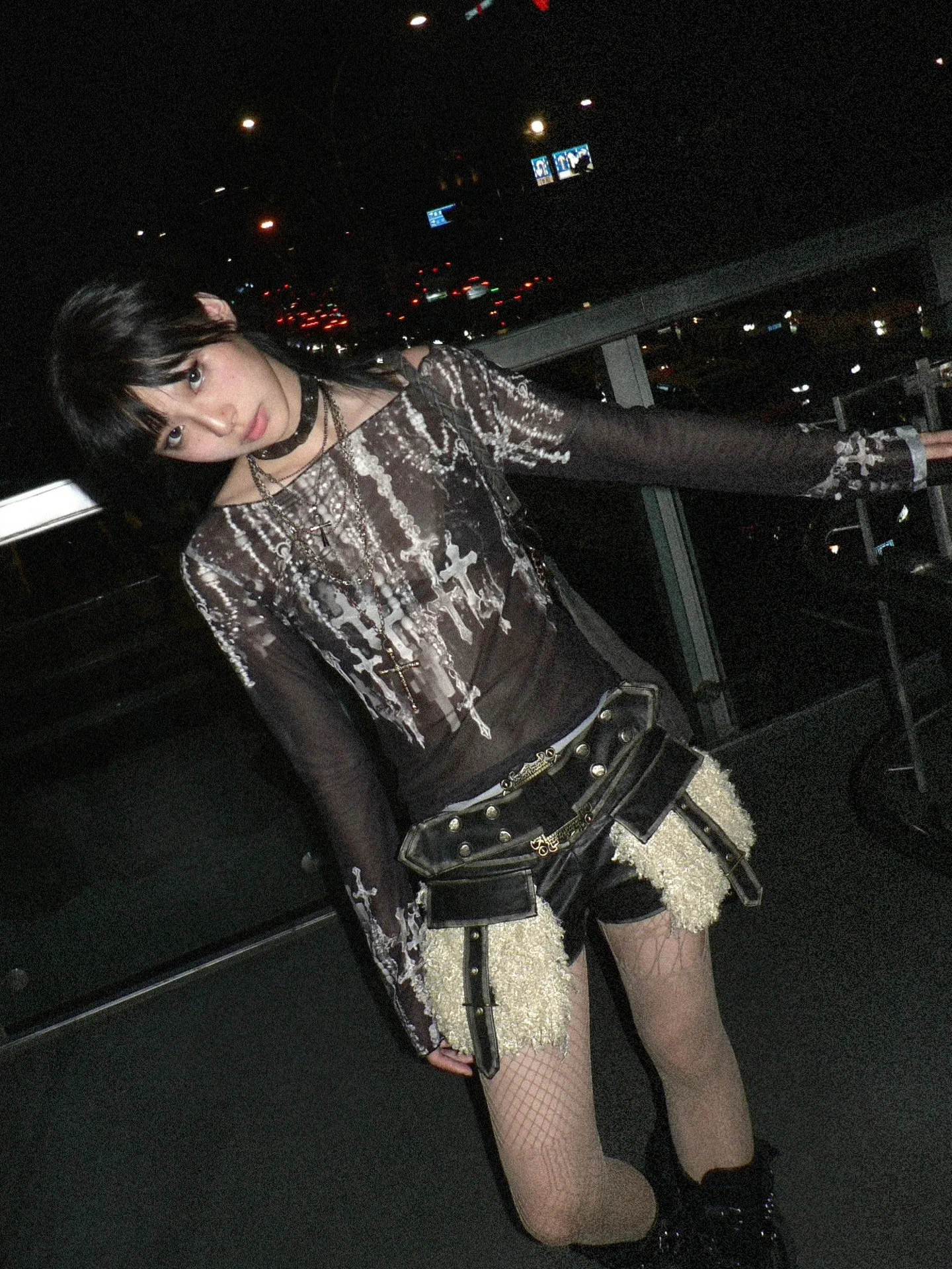 Karrram Grunge Aesthetics Mesh Tops Japanese Y2k Tattoo Print Sheer Tops Vintage Harajuku See Through Long Sleeve T-shirt Gothic