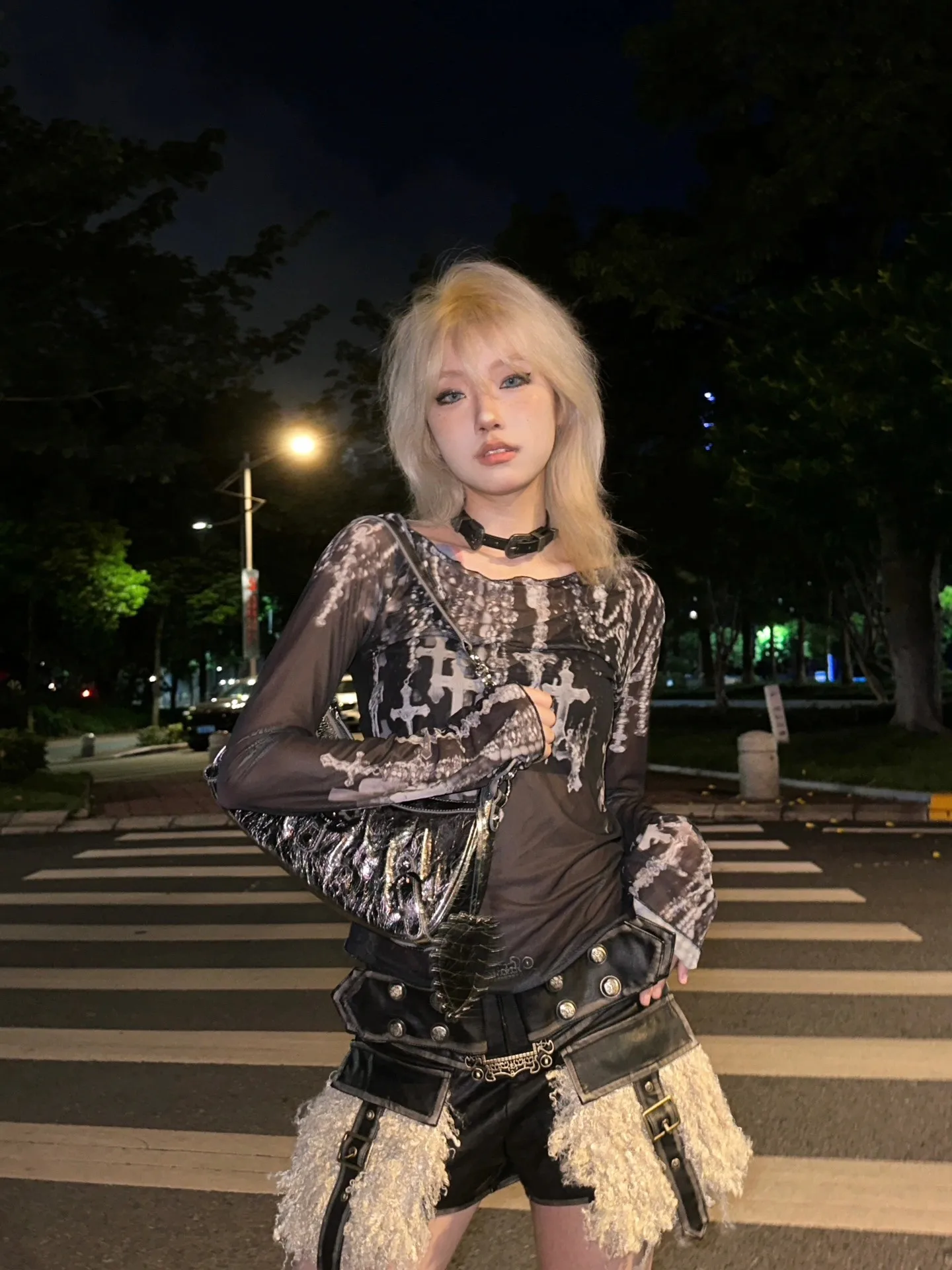 Karrram Grunge Aesthetics Mesh Tops Japanese Y2k Tattoo Print Sheer Tops Vintage Harajuku See Through Long Sleeve T-shirt Gothic