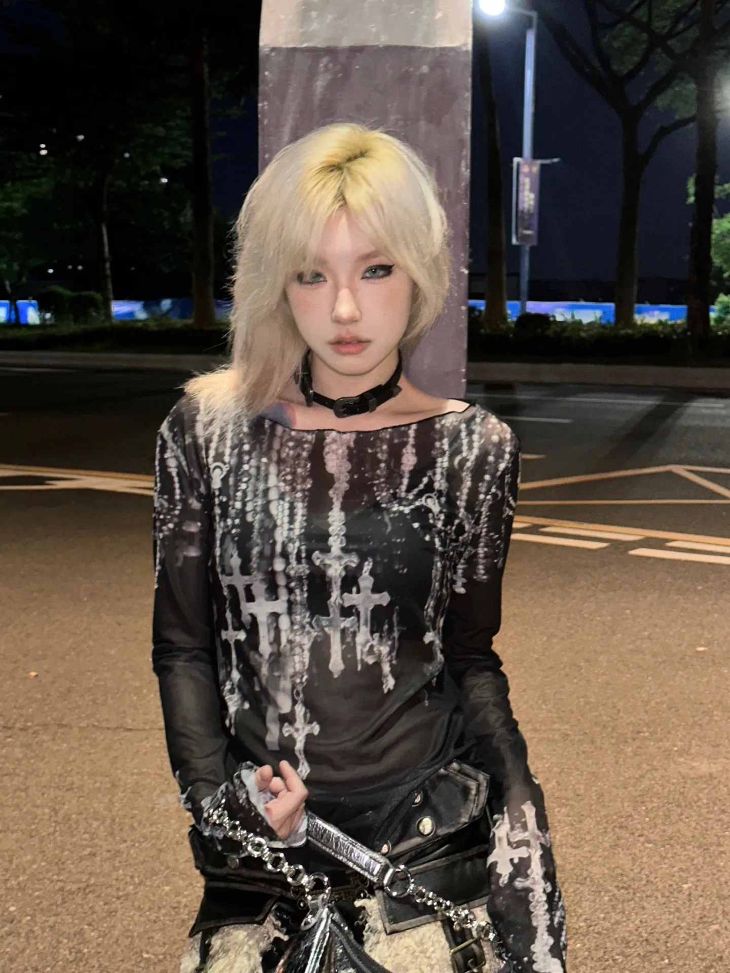 Karrram Grunge Aesthetics Mesh Tops Japanese Y2k Tattoo Print Sheer Tops Vintage Harajuku See Through Long Sleeve T-shirt Gothic