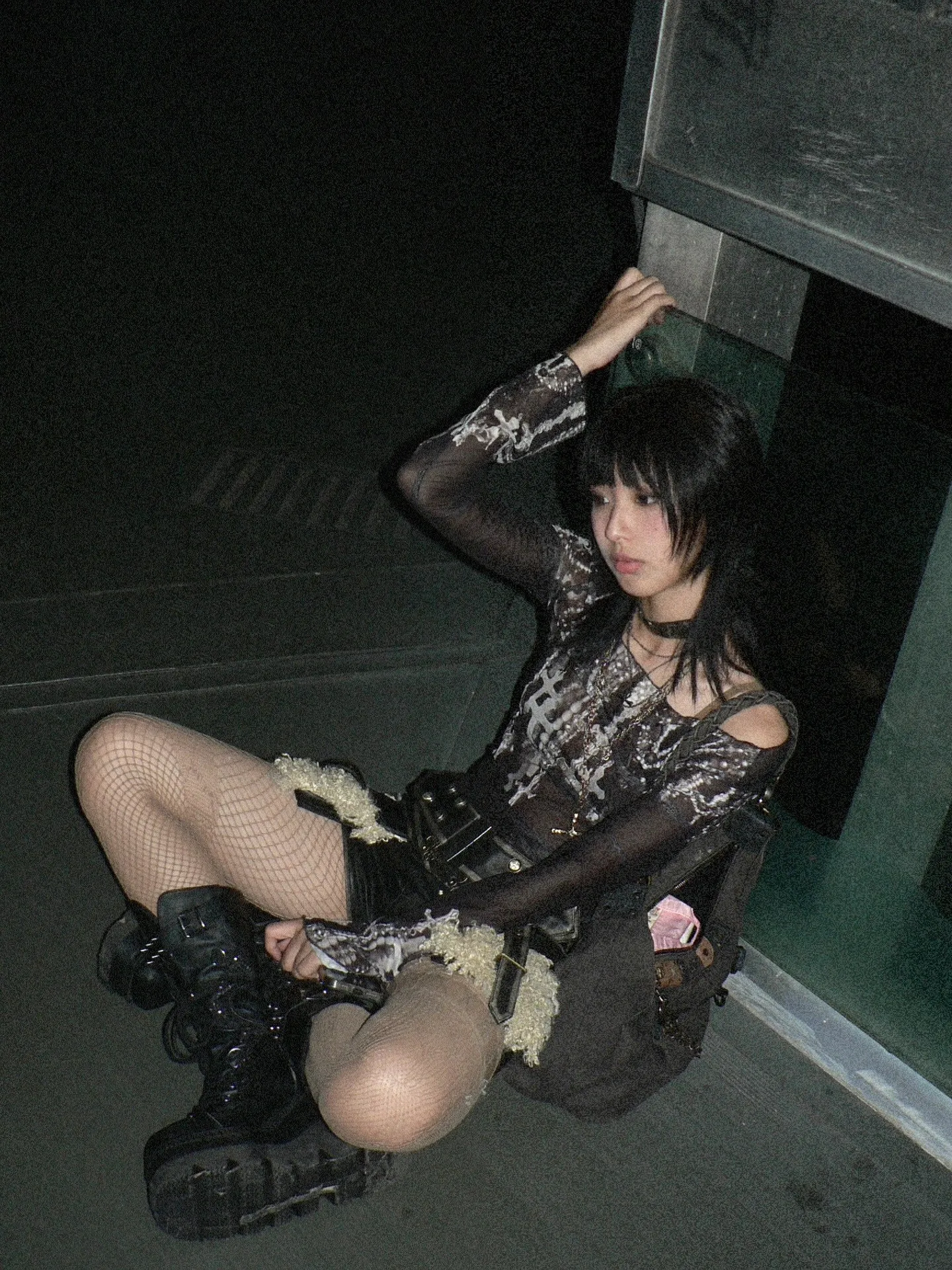 Karrram Grunge Aesthetics Mesh Tops Japanese Y2k Tattoo Print Sheer Tops Vintage Harajuku See Through Long Sleeve T-shirt Gothic