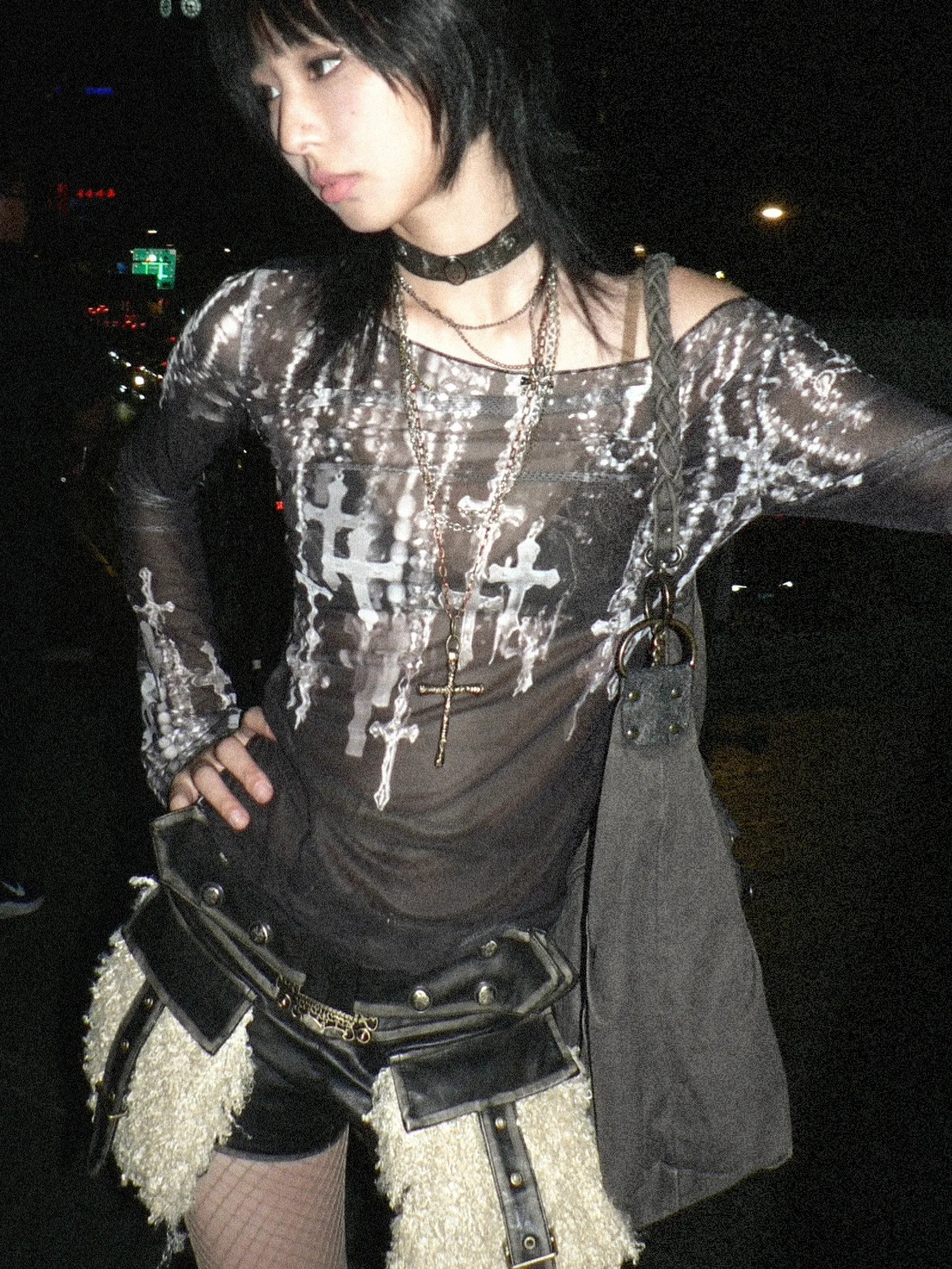 Karrram Grunge Aesthetics Mesh Tops Japanese Y2k Tattoo Print Sheer Tops Vintage Harajuku See Through Long Sleeve T-shirt Gothic