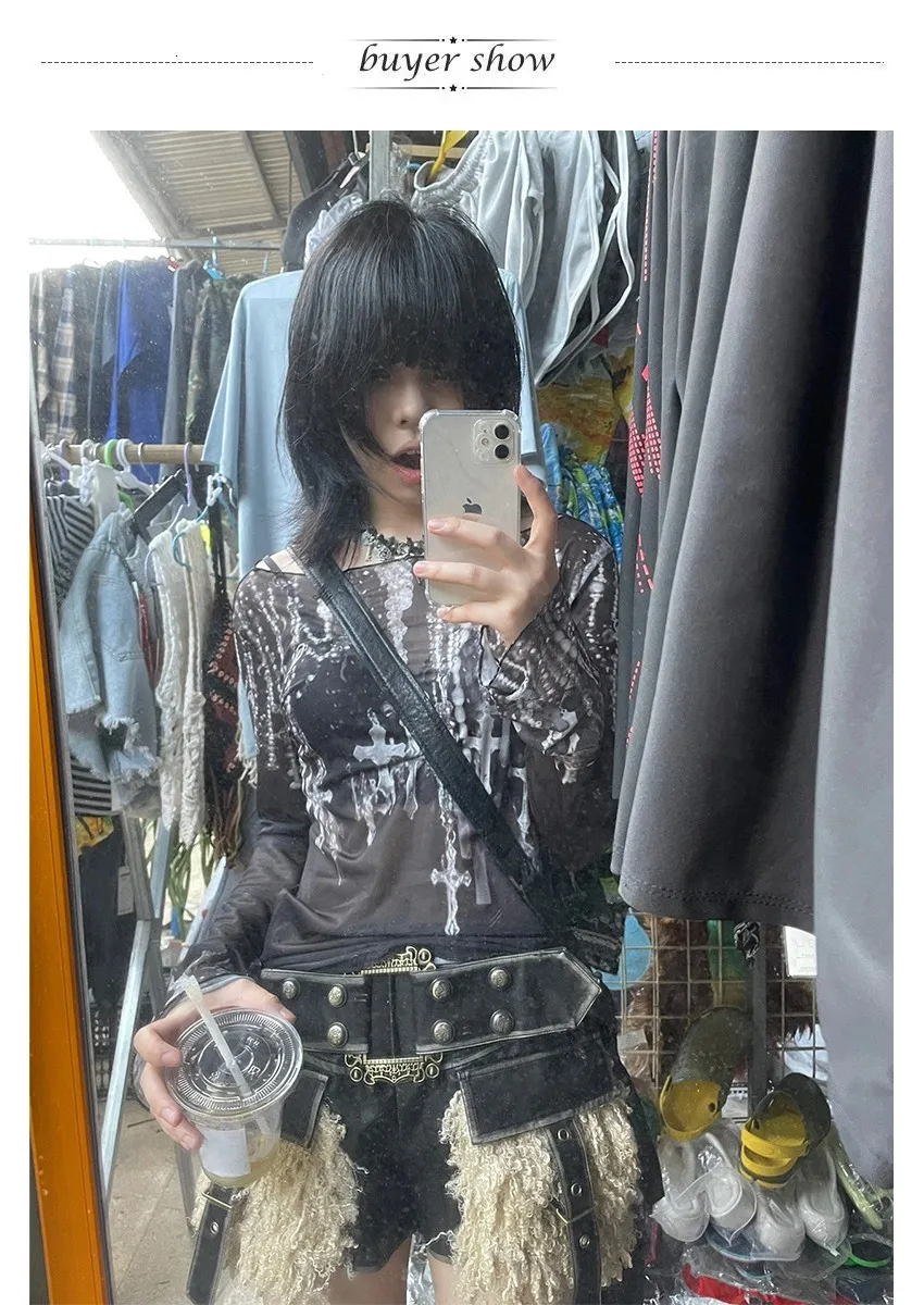 Karrram Grunge Aesthetics Mesh Tops Japanese Y2k Tattoo Print Sheer Tops Vintage Harajuku See Through Long Sleeve T-shirt Gothic