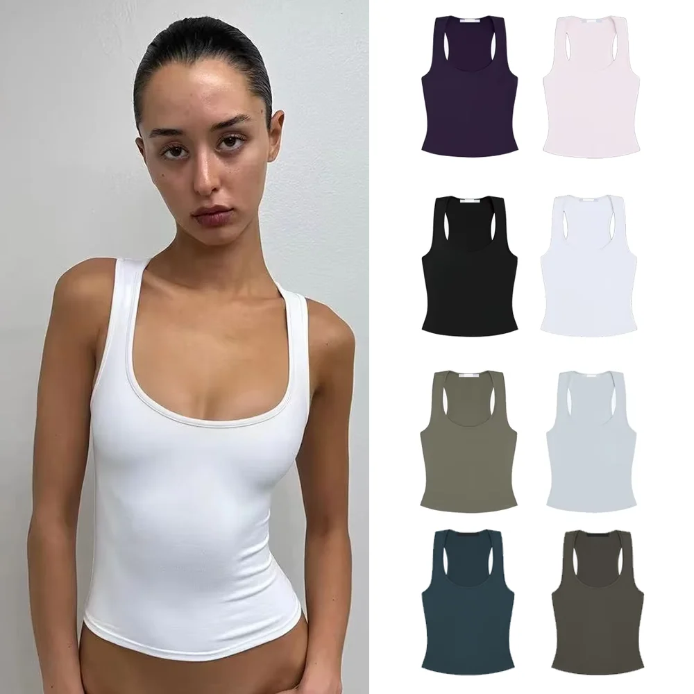 Tank Top with Wide Shoulder Straps, Racerback Tank Top, Sports and Everyday Wear Base Shirt, Trendy High-Elastic Solid Color Tight-Fitting Top, Casual Versatile Tank Top, Slim-Fit Flattering Base Shirt
